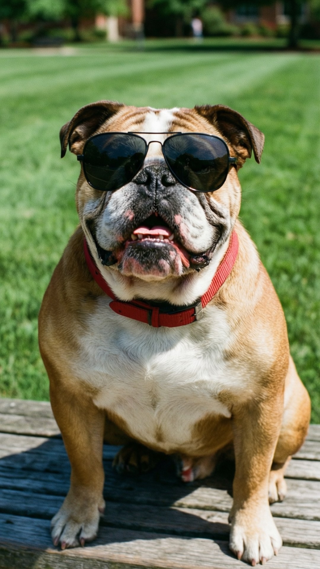 Cool Bulldog 壁紙 — 一隻戴著黑色飛行員太陽眼鏡的鬥牛犬自豪地坐在陽光普照的草地公園裡一張風化的木長椅上。