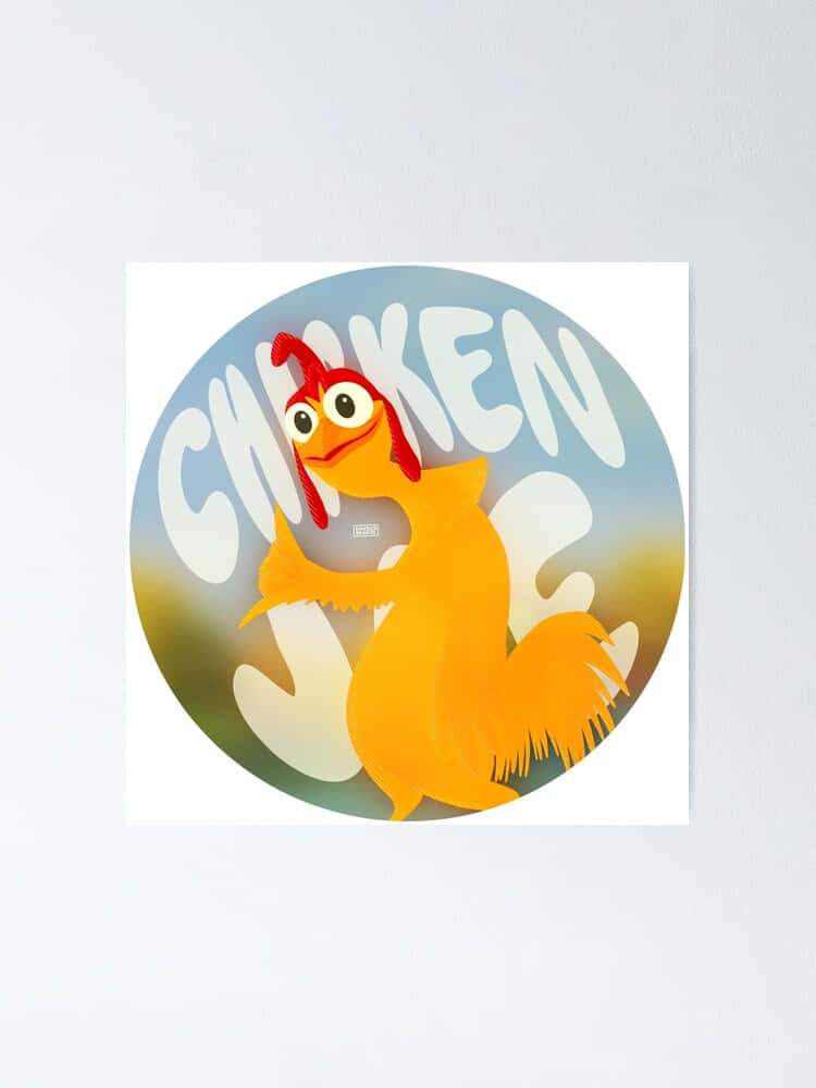  壁紙 — 一隻戴著紅色雞冠和黃色羽毛的快樂卡通雞，站在一個圓形標誌內，上面有粗體白色字體寫著CHICKEN。