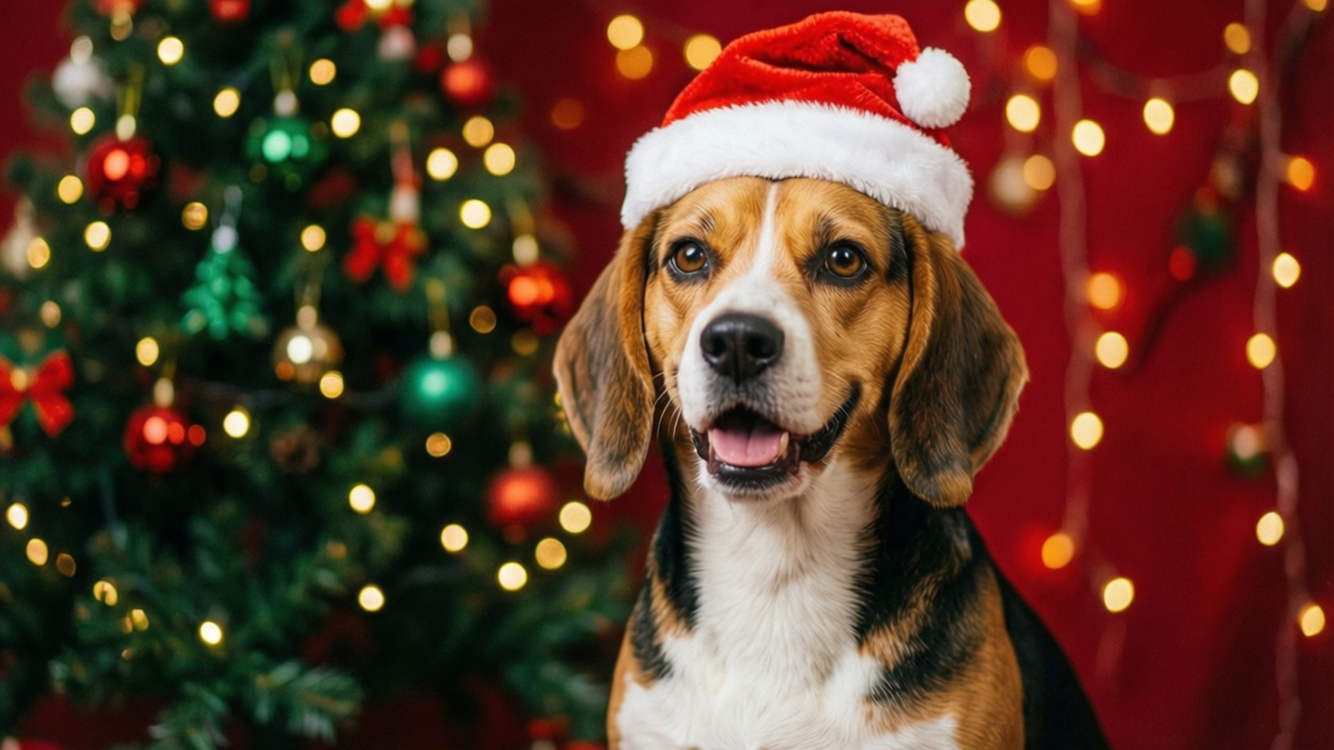 Christmas Beagle Joy 壁紙 — 一隻戴著紅色聖誕帽的比格犬在模糊的聖誕樹前開心微笑，樹上閃爍著燈光。