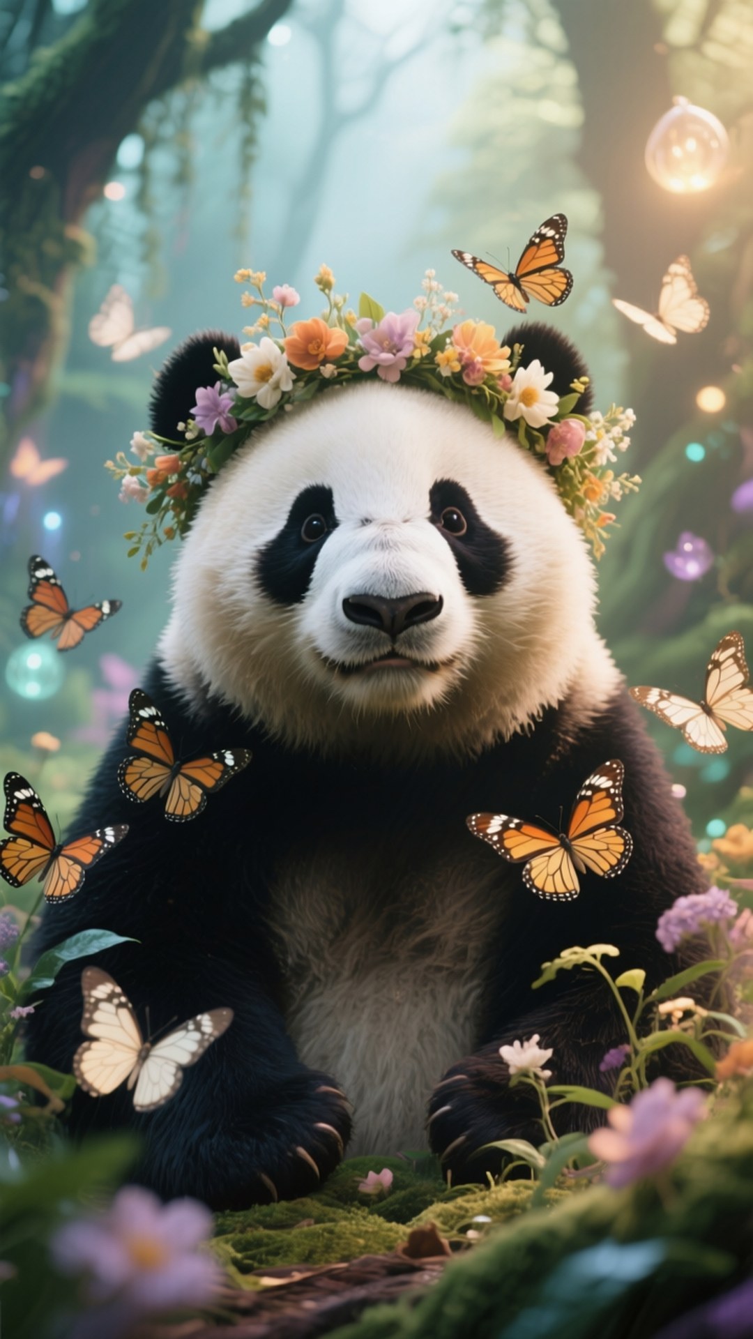 Magical Panda 壁紙 — 一隻戴著花冠的寧靜熊貓，坐在霧氣瀰漫的魔法森林中，周圍是發光的蝴蝶。
