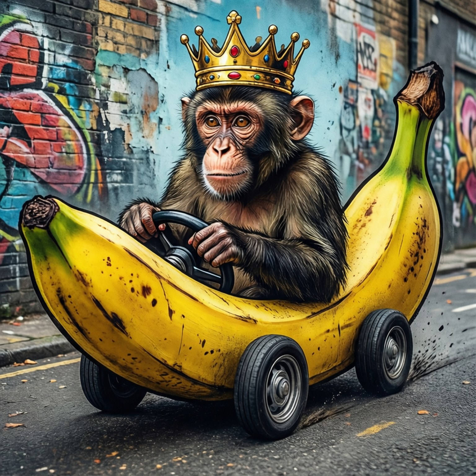 Monkey King Banana Car 壁紙 — 一隻戴著皇冠的猴子駕駛香蕉車行駛在塗鴉覆蓋的城市街道上。