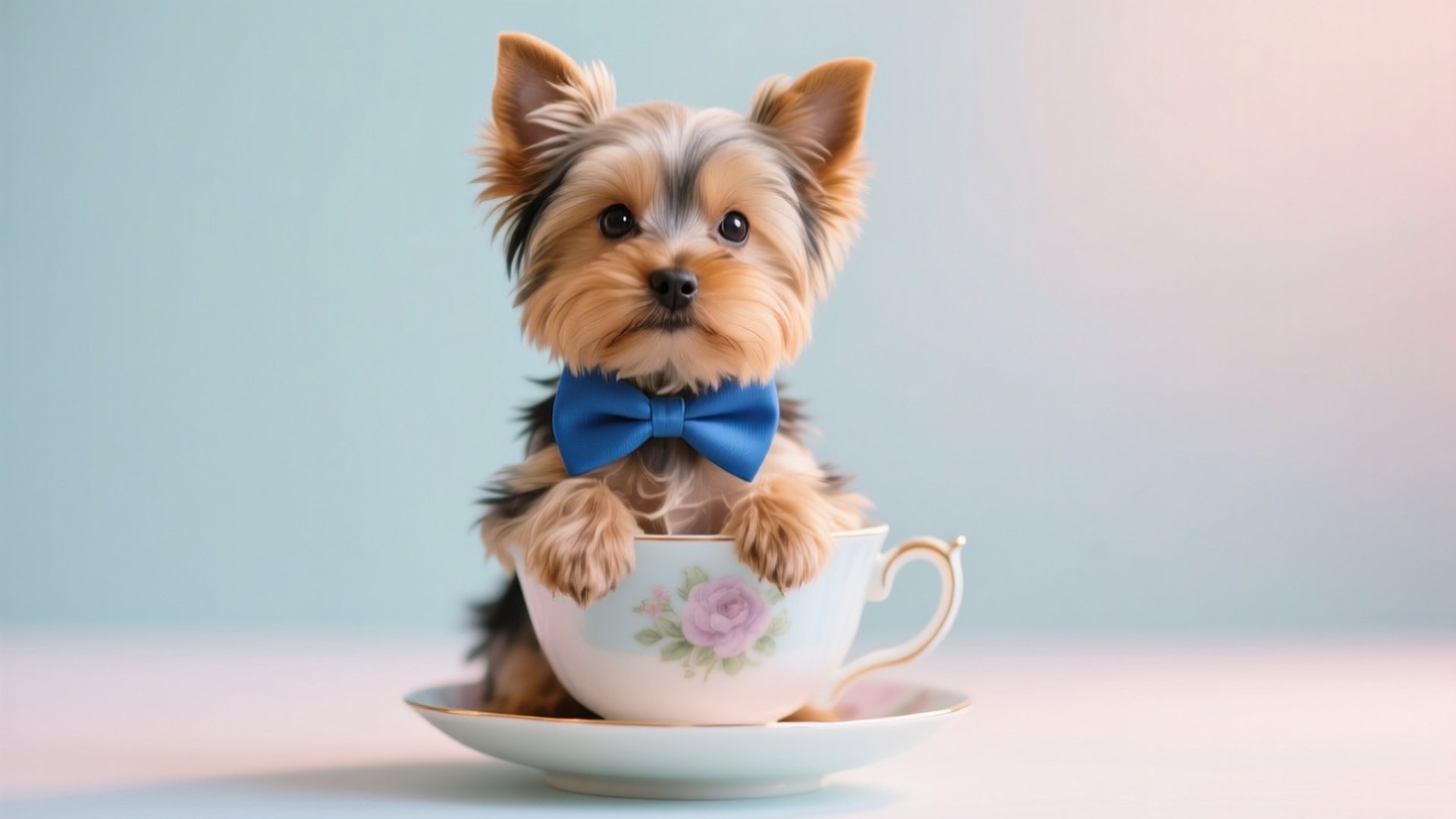 Teacup Yorkie with Bow 壁紙 — 一隻戴著藍色蝴蝶結的小約克夏㹴幼犬，直坐在一個帶有粉紅玫瑰圖案的精緻瓷茶杯中。