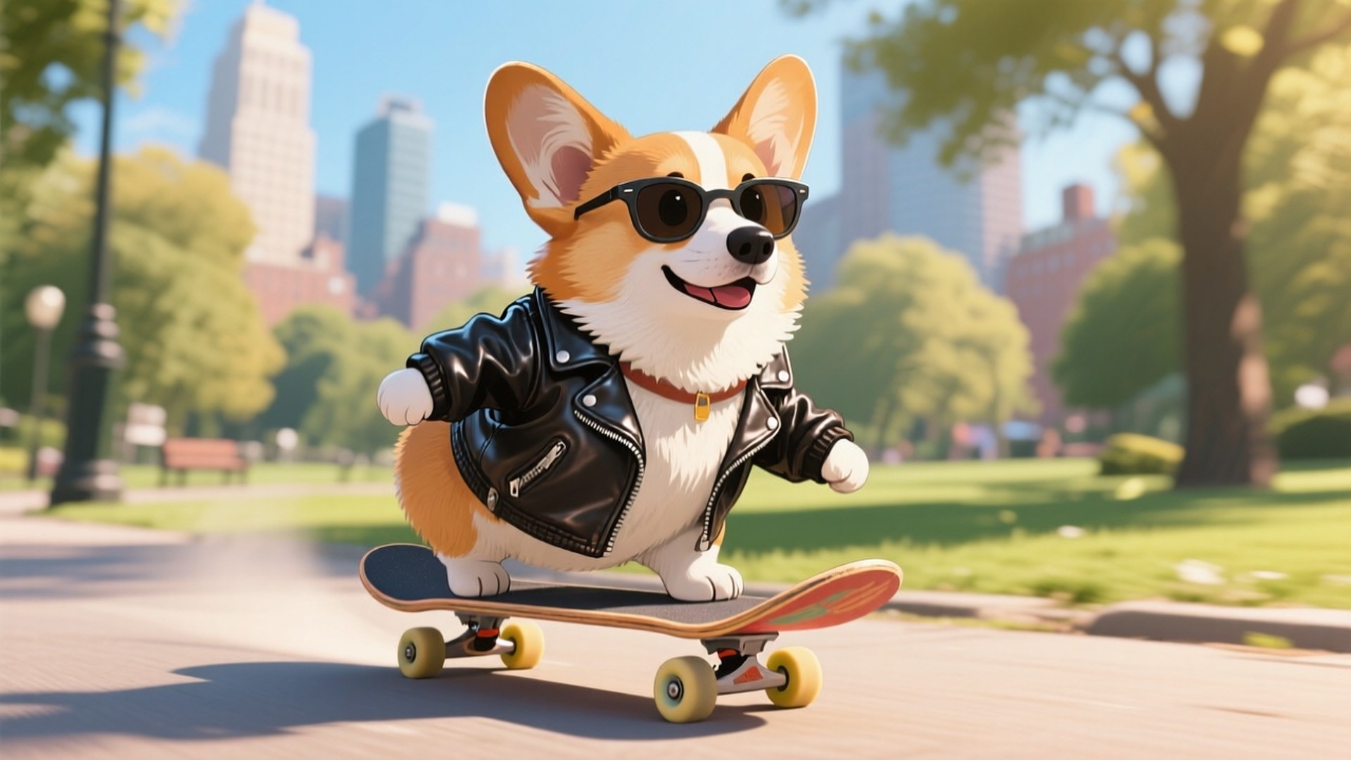 Corgi Skateboarder 壁紙 — 一隻戴著太陽眼鏡和皮夾克的快樂柯基犬在陽光普照的城市公園小徑上溜滑板。