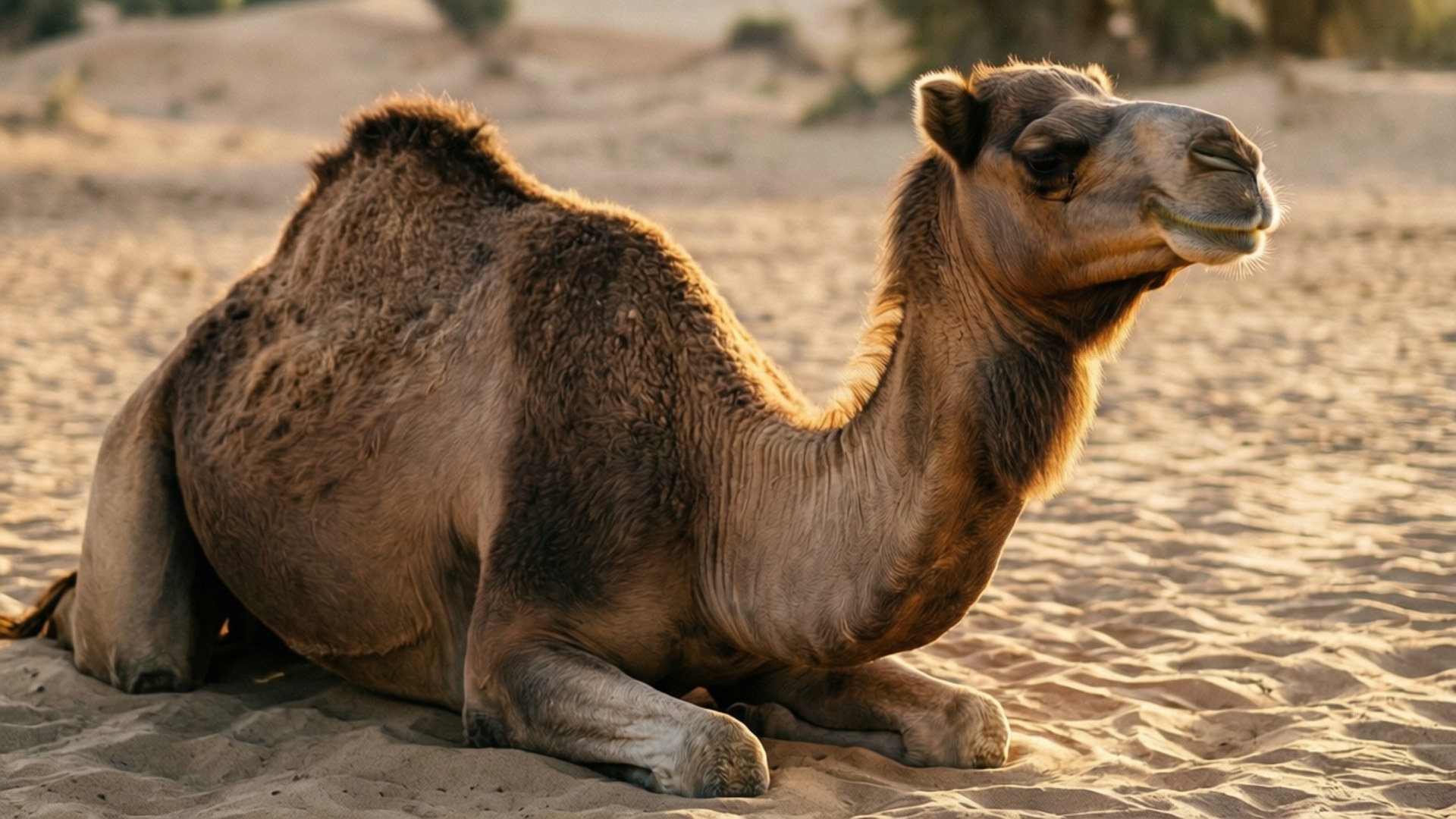 Resting Camel 壁紙 — 一隻單峰駱駝在金色沙子上休息，柔和陽光突顯其紋理皮毛和彎曲的脖子。