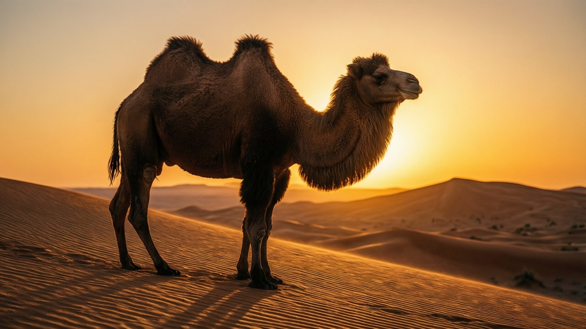 Camel at Sunset 壁紙 — 一隻單峰駱駝在起伏的沙漠沙丘上，背對金色夕陽，形成剪影，投下長長的影子。
