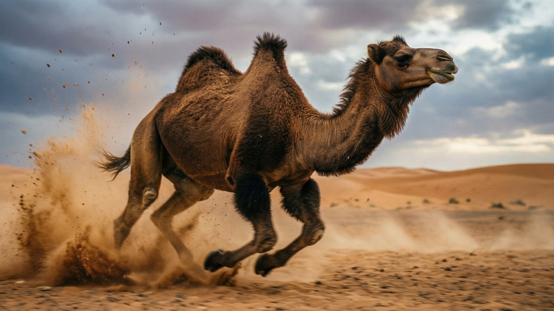 Running Camel 壁紙 — 一隻單峰駱駝在陰天之下奔馳過沙漠，踢起沙塵。