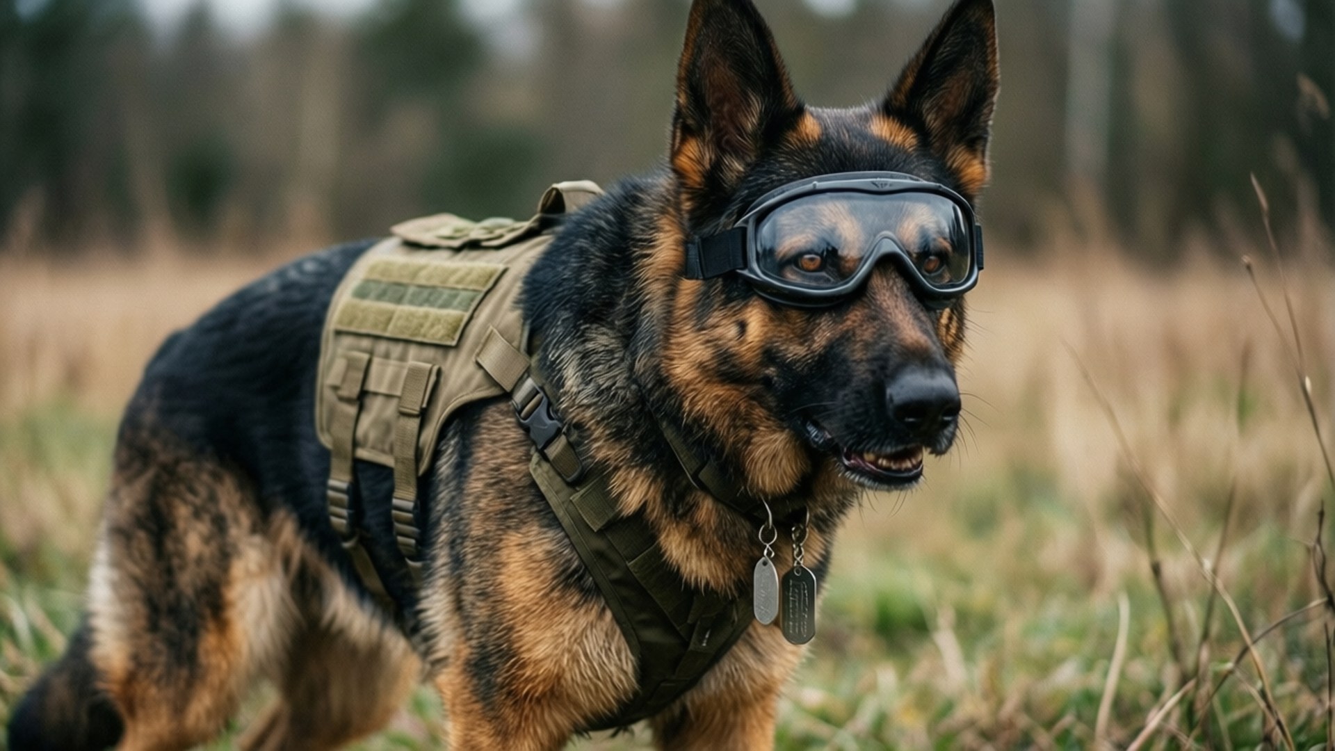 Canine Warrior 壁紙 — 一隻德國牧羊犬穿著戰術裝備和護目鏡，警覺地站在草地上。