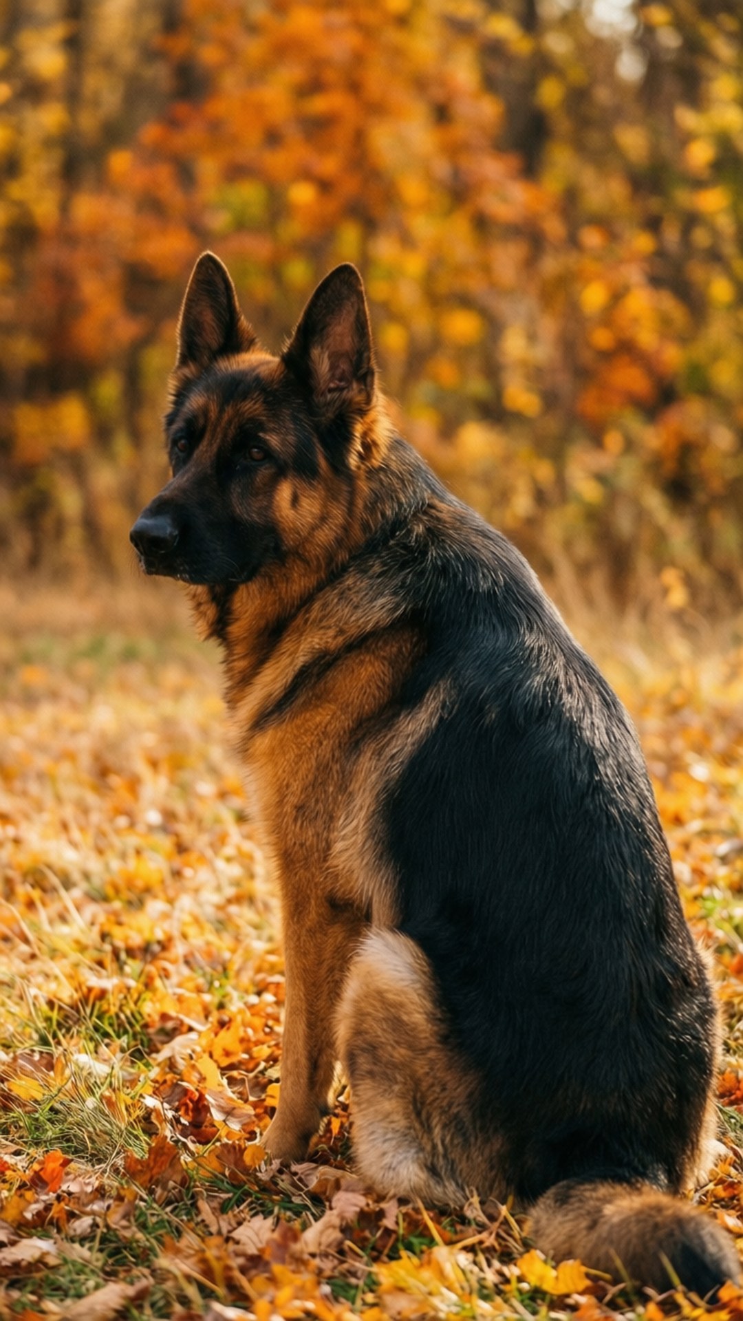 German Shepherd 桌布 壁紙 — 一隻德國牧羊犬平靜地坐在金黃色秋葉的田野中，背後有模糊的橙色樹葉。
