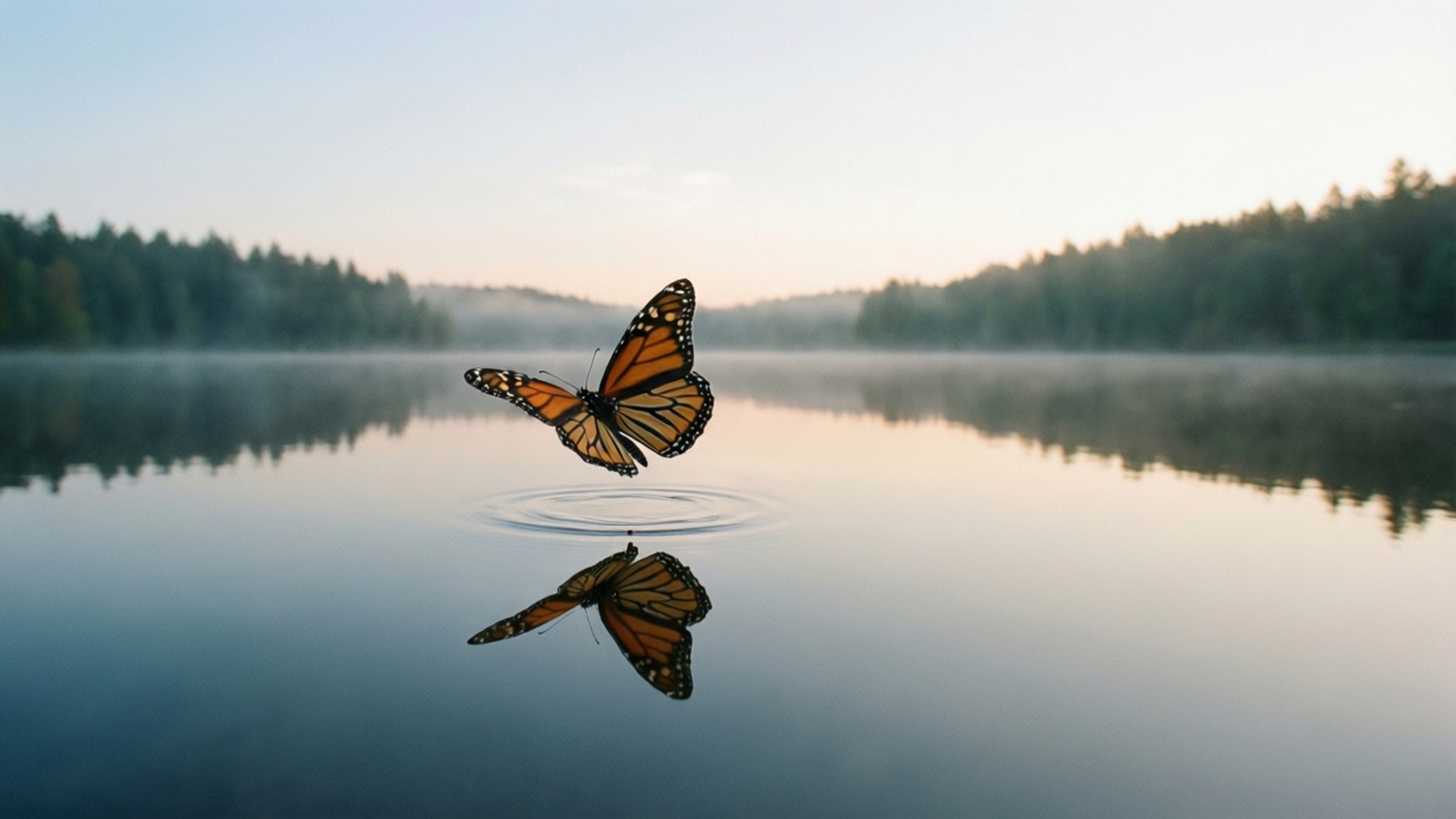 Lake Reflection 壁紙 — 一隻帝王斑蝶在霧氣瀰漫的湖面上盤旋，其倒影在黎明時分於下方泛起漣漪。