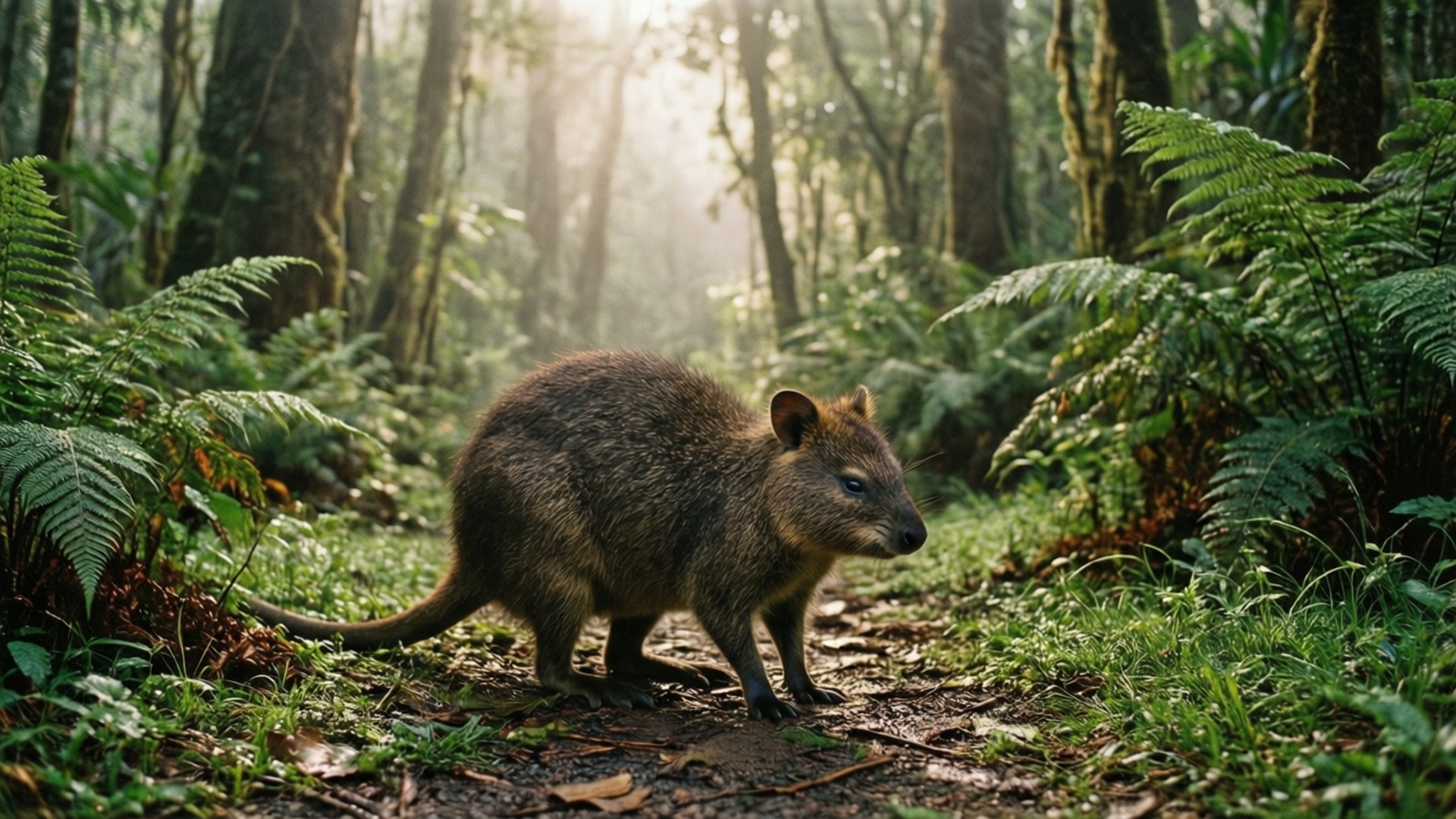 Rainforest Quokka Walk 壁紙 — 一隻短尾矮袋鼠站在森林小徑上，周圍是蕨類植物和長滿苔蘚的樹木，陽光穿過樹冠灑落下來。