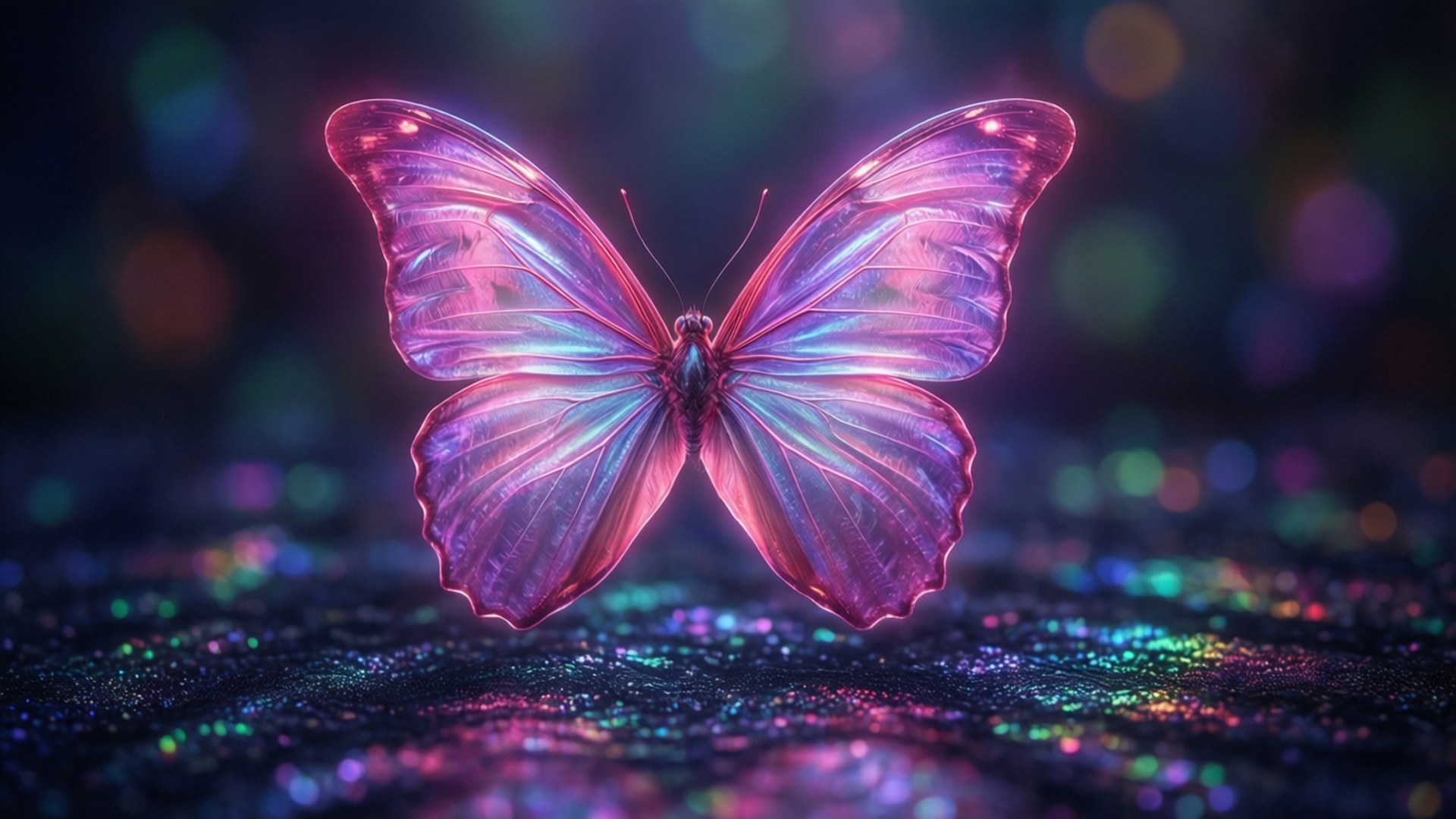 Neon Butterfly Dream 壁紙 — 一隻發光的彩虹色蝴蝶，帶有粉紅色和藍色的翅膀，停留在閃閃發光的彩虹表面上，背景為散景效果。