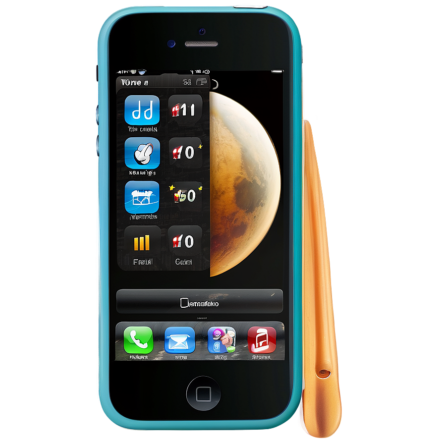 藍色智慧型手機帶有火星桌布及旁邊的金色觸控筆。 — 吉他 iPhone 壁紙