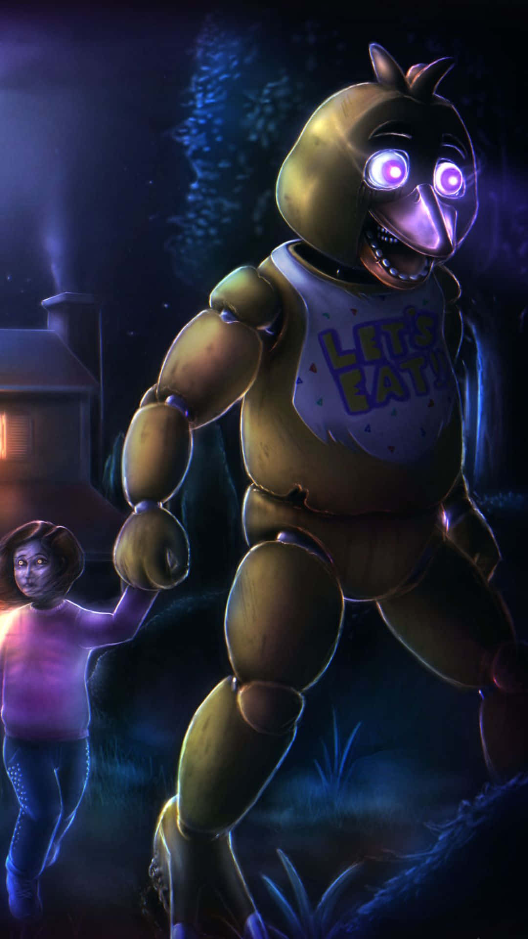 Fazbear Frights 桌布 壁紙 — 一隻發光眼睛的巨型電子雞在夜晚黑暗陰森的森林裡牽著一個孩子的手。