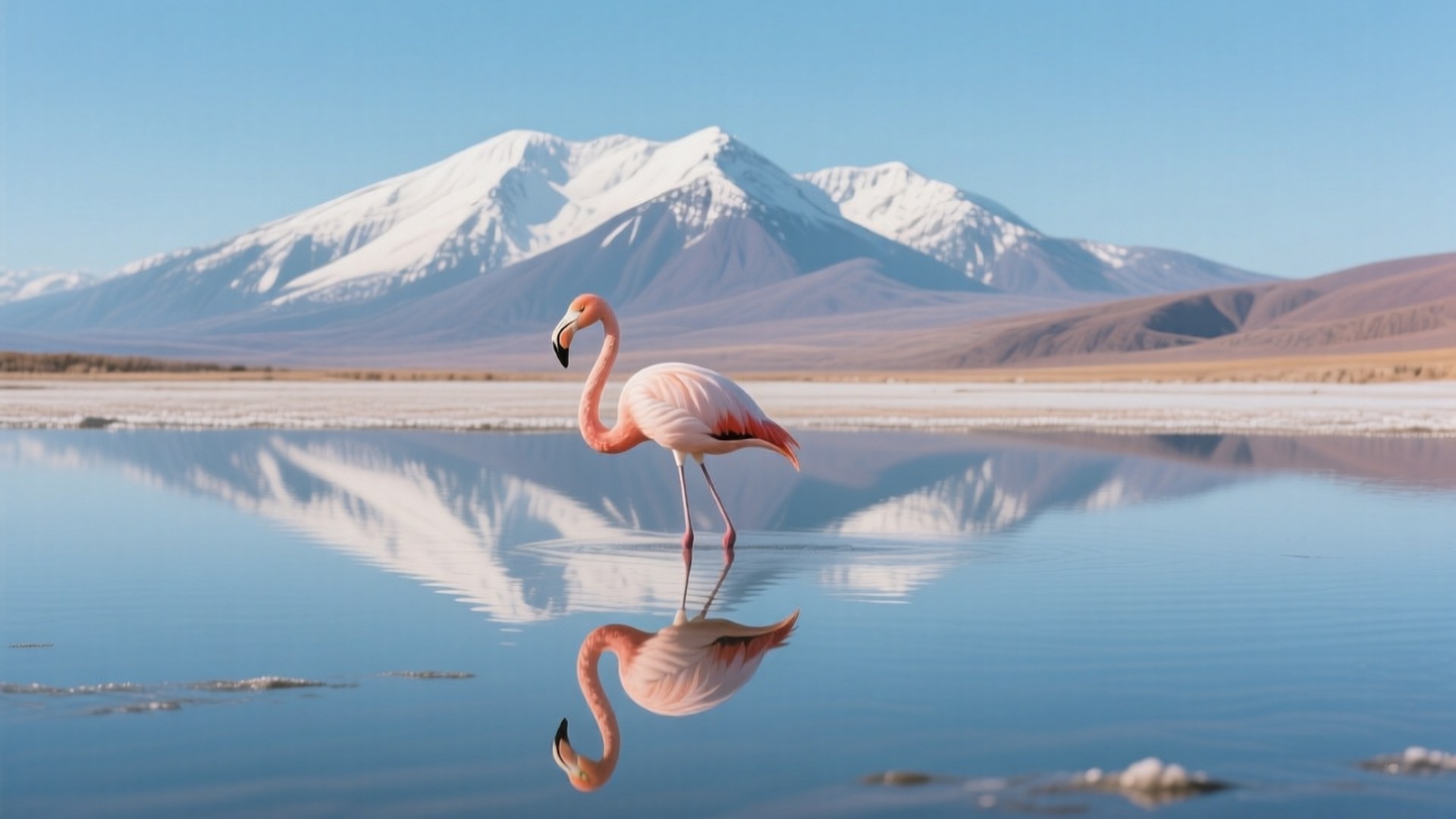 Flamingo Mountain Landscape 壁紙 — 一隻粉紅色的火烈鳥站在平靜的藍色水中，倒映著白雪覆蓋的山峰，天空晴朗。