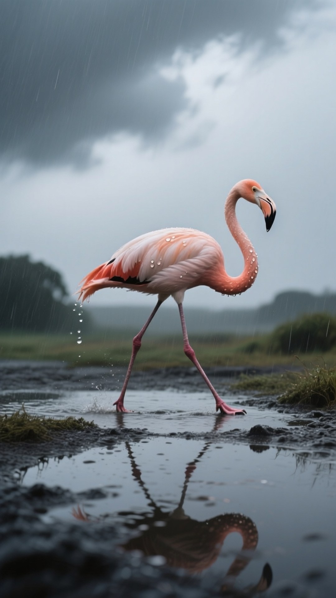 Flamingo in the Rain 壁紙 — 一隻粉紅色火烈鳥在暴風雨的天空下涉水而過，雨滴在羽毛上閃閃發光，下方有清晰的倒影。