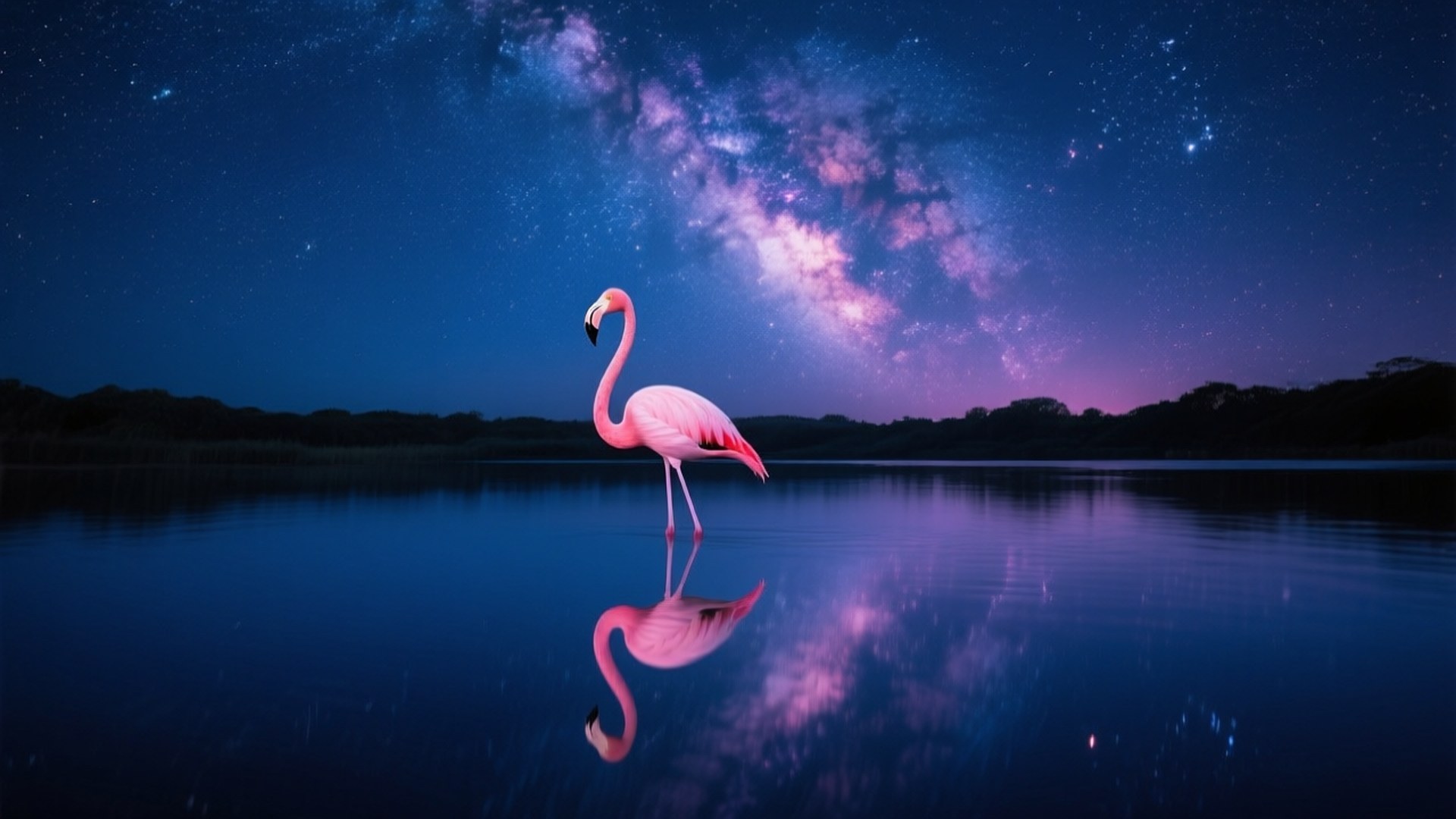 Starry Night Flamingo 壁紙 — 一隻粉紅色火烈鳥站在平靜的水中，反射出帶有銀河系的鮮豔紫色和藍色星空。