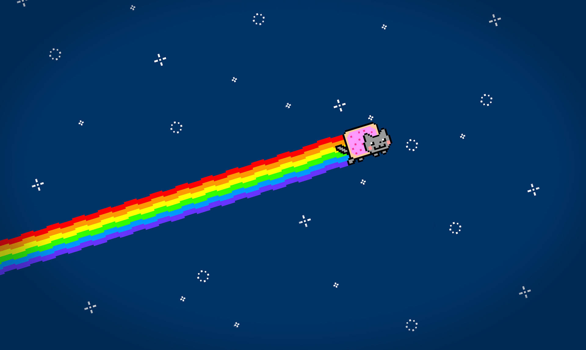 像素貓帶著彩虹痕跡和星星在太空中飛行 — Meme 壁紙
