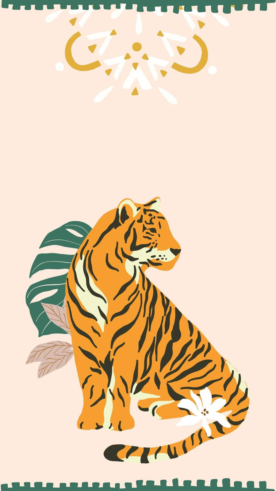  壁紙 — 一隻風格化的橙色老虎帶有黑色條紋，平靜地坐在熱帶葉子和一朵白色花朵旁邊，背景是柔和的粉紅色。