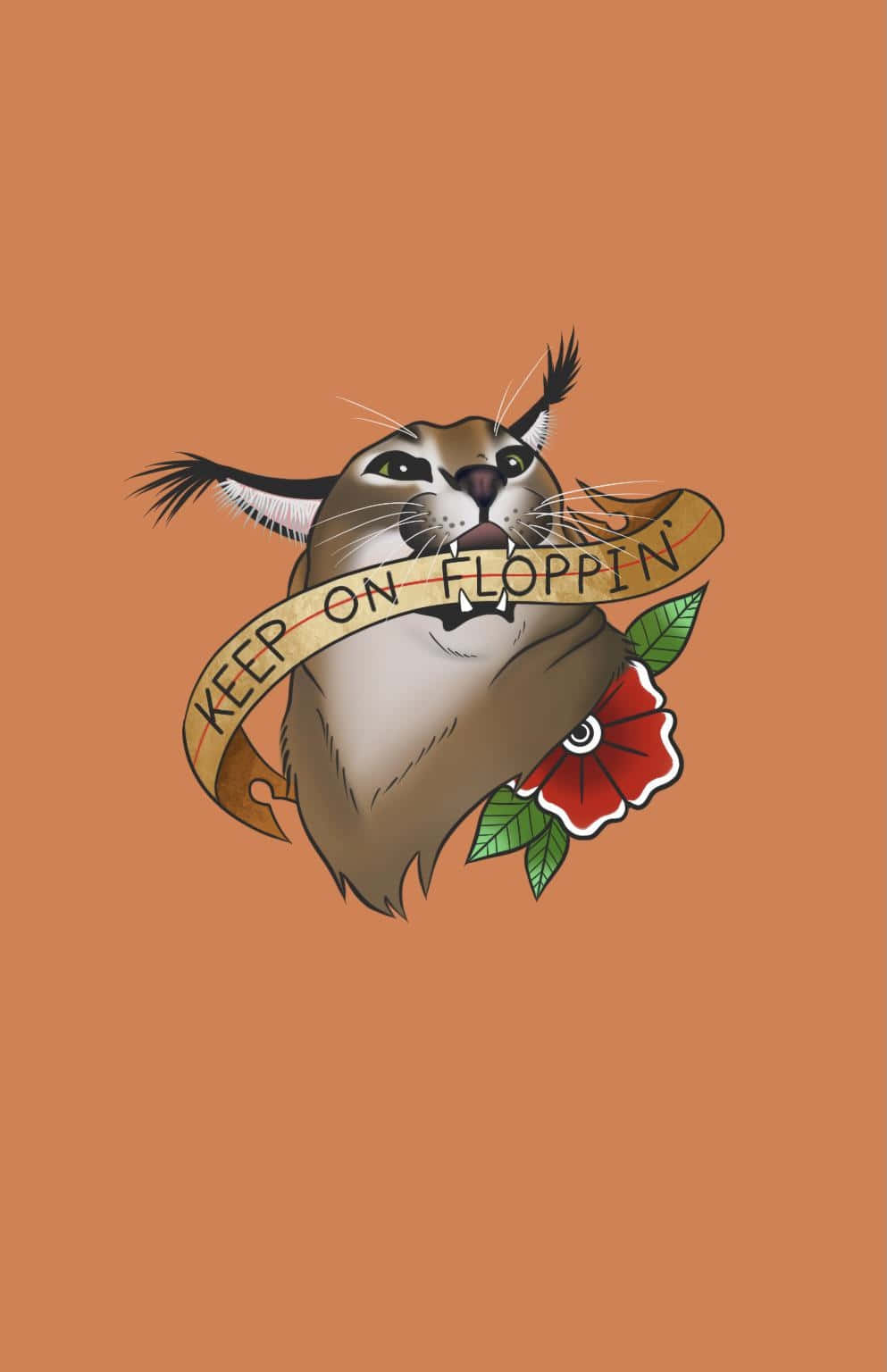  壁紙 — 一隻風格化的貓，拿著寫有「KEEP ON FLOPPIN」的橫幅和一朵紅花，背景為純橙色。