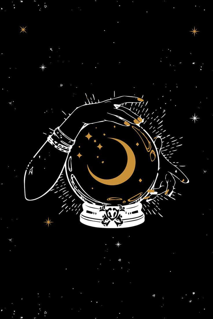  壁紙 — 一隻風格化的手捧著一個水晶球，球內有新月和星星，背景是繁星點點的黑色夜空。