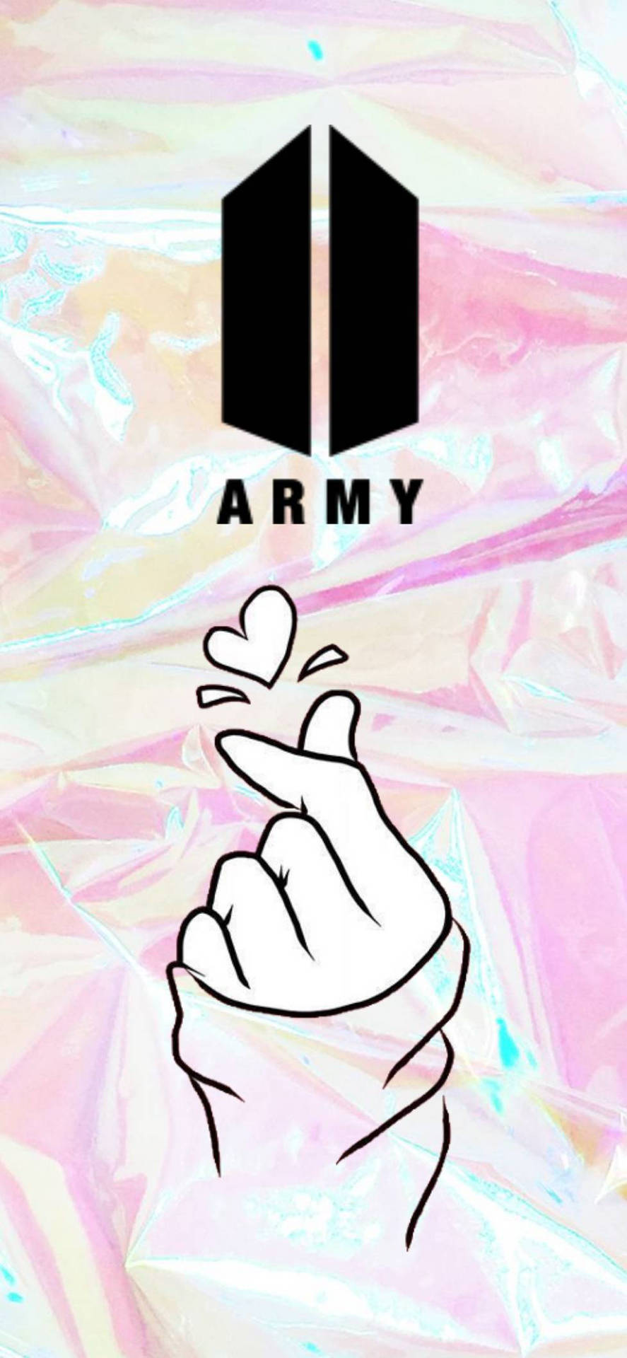 手做出心形手勢，搭配漂浮的心形和BTS ARMY標誌，背景為箔紙 — K Pop 壁紙