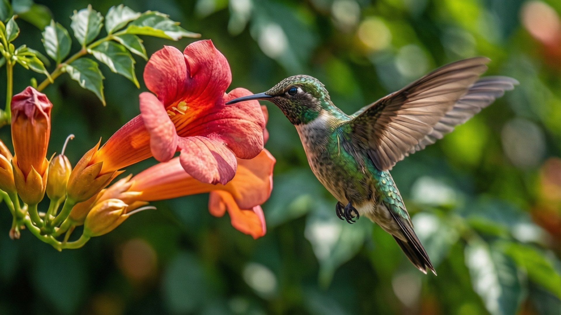 Hummingbird Spring Visit 壁紙 — 一隻蜂鳥在半空中盤旋，翅膀因運動而模糊，正在從一朵鮮豔的珊瑚色喇叭花中進食，背景是柔和的綠色散景。