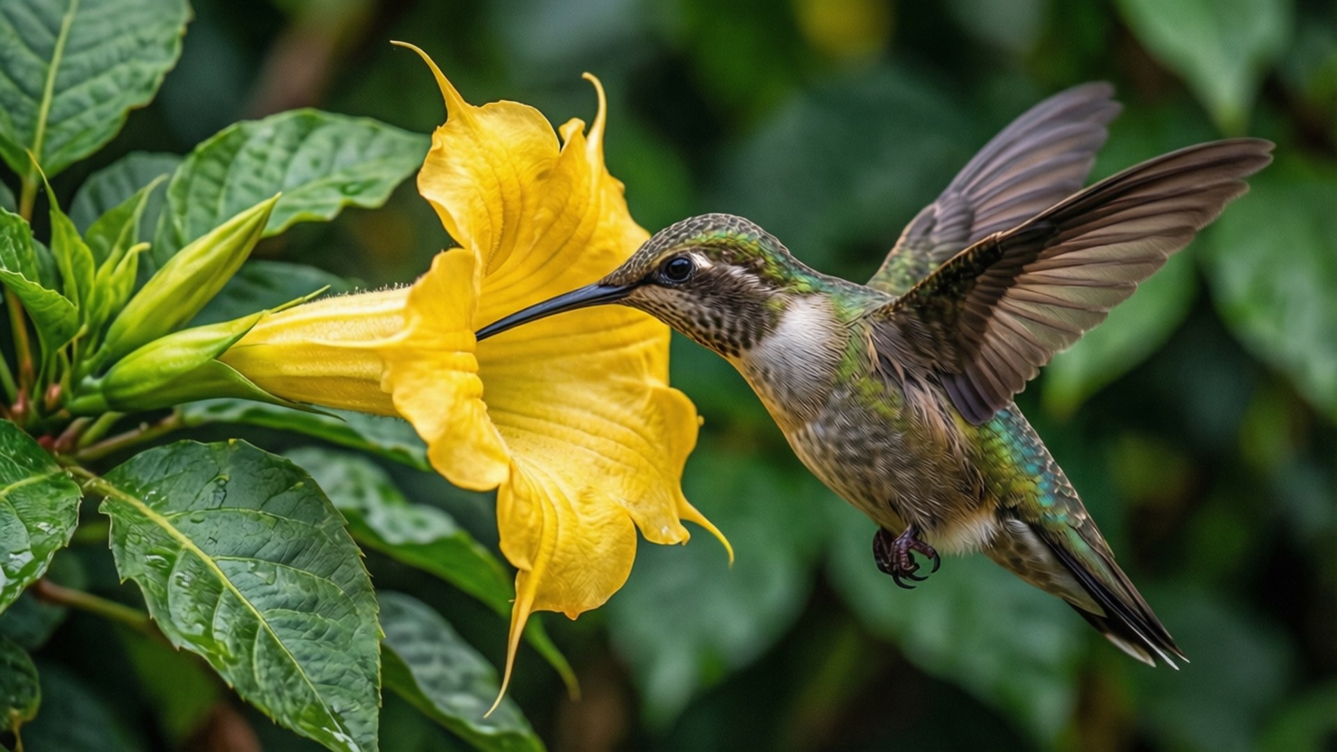 Nectar Feast 壁紙 — 一隻蜂鳥在空中盤旋，翅膀因運動而模糊，正在從一朵被茂密綠葉包圍的亮黃色喇叭花中覓食。