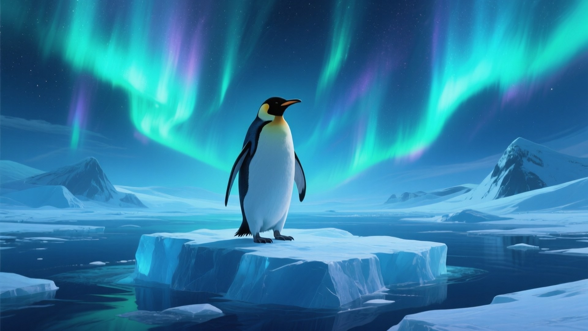 Penguin Aurora 壁紙 — 一隻孤獨的皇帝企鵝站在發光的藍色浮冰上，下方是雪山上空 vibrant 的綠色和紫色北極光。