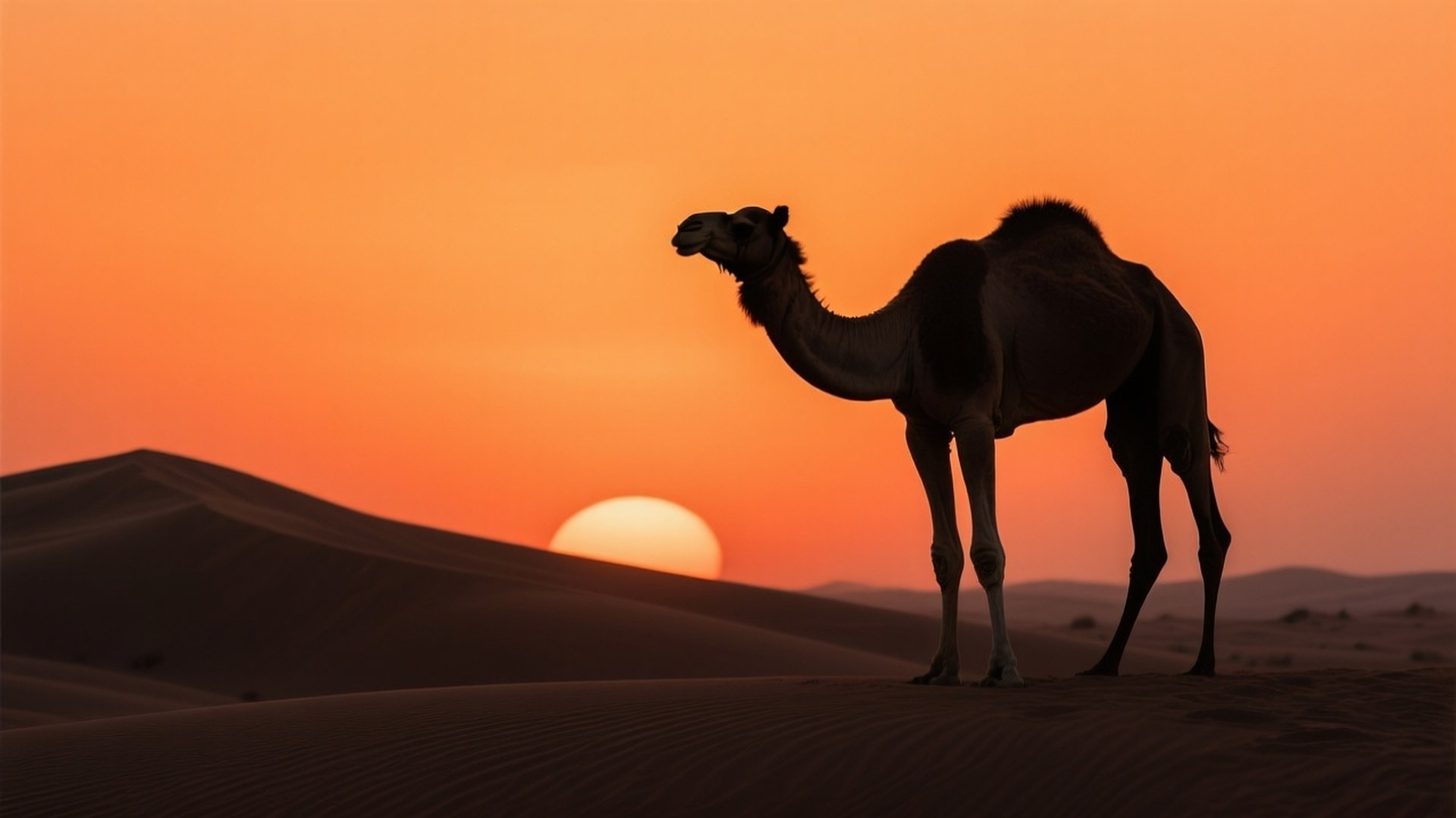 Camel at Sunset 壁紙 — 一隻孤獨的駱駝在起伏的沙漠沙丘上，以鮮豔的橙色日落為背景，形成剪影。