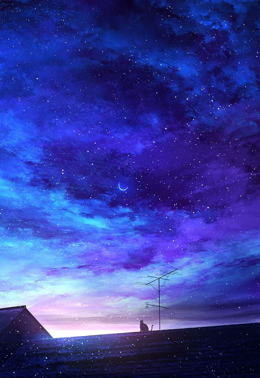  壁紙 — 一隻孤獨的貓坐在屋頂上，下方是充滿活力的星空暮色天空，有新月和紫藍色的雲。