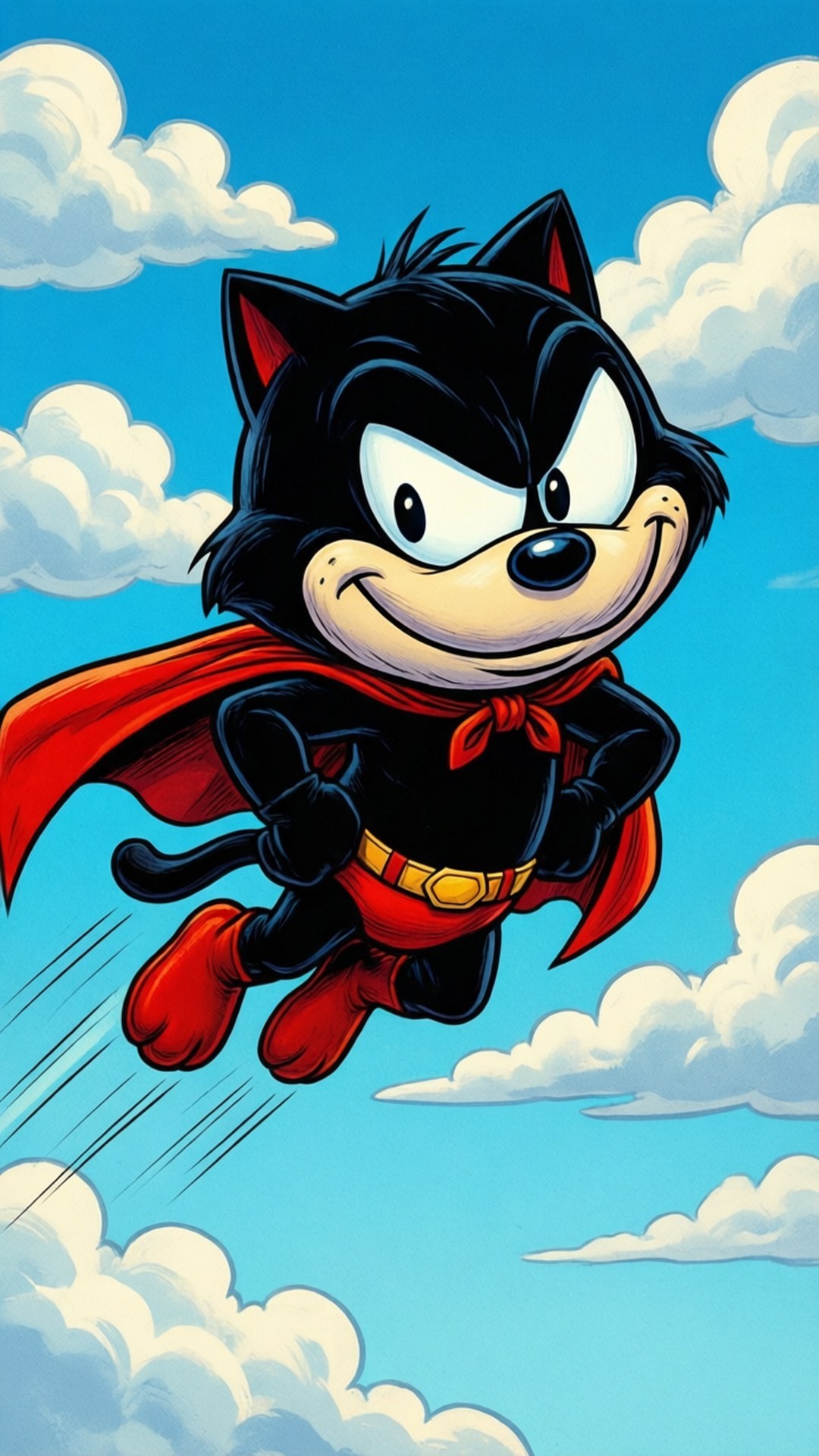 Superhero Felix 壁紙 — 一隻黑色卡通貓，披著紅色斗篷和靴子，在充滿蓬鬆白雲的明亮藍天中翱翔。