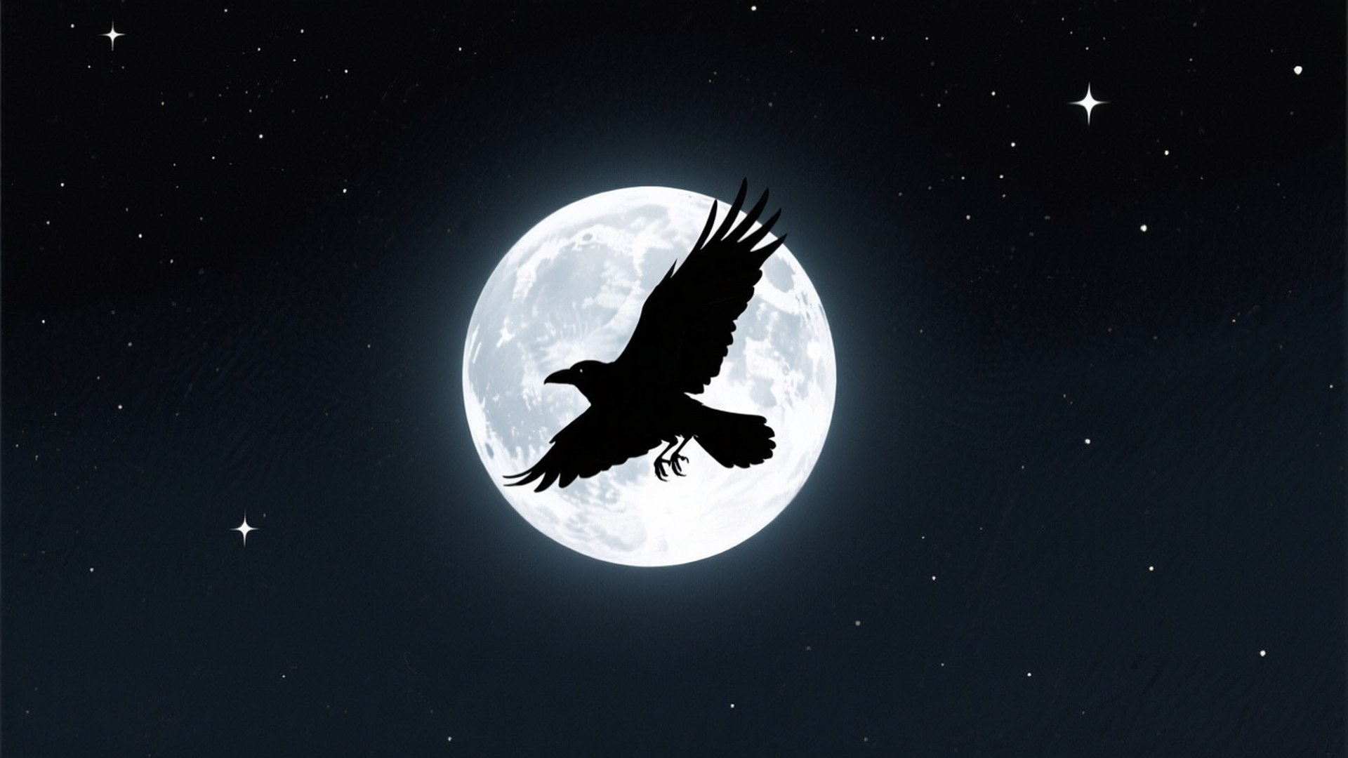 Crow and Moon 壁紙 — 一隻黑烏鴉在繁星點點的夜空下，以剪影姿態翱翔於明亮的滿月前。