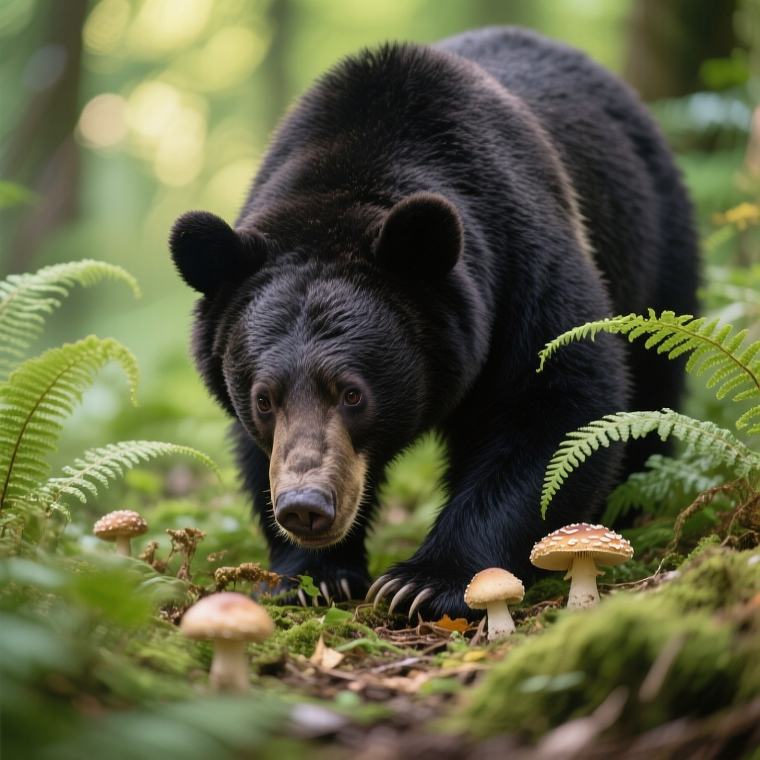 Foraging Black Bear 壁紙 — 一隻黑熊在陽光明媚的森林中小心翼翼地踏過長滿苔蘚的蕨類植物和有斑點的蘑菇。