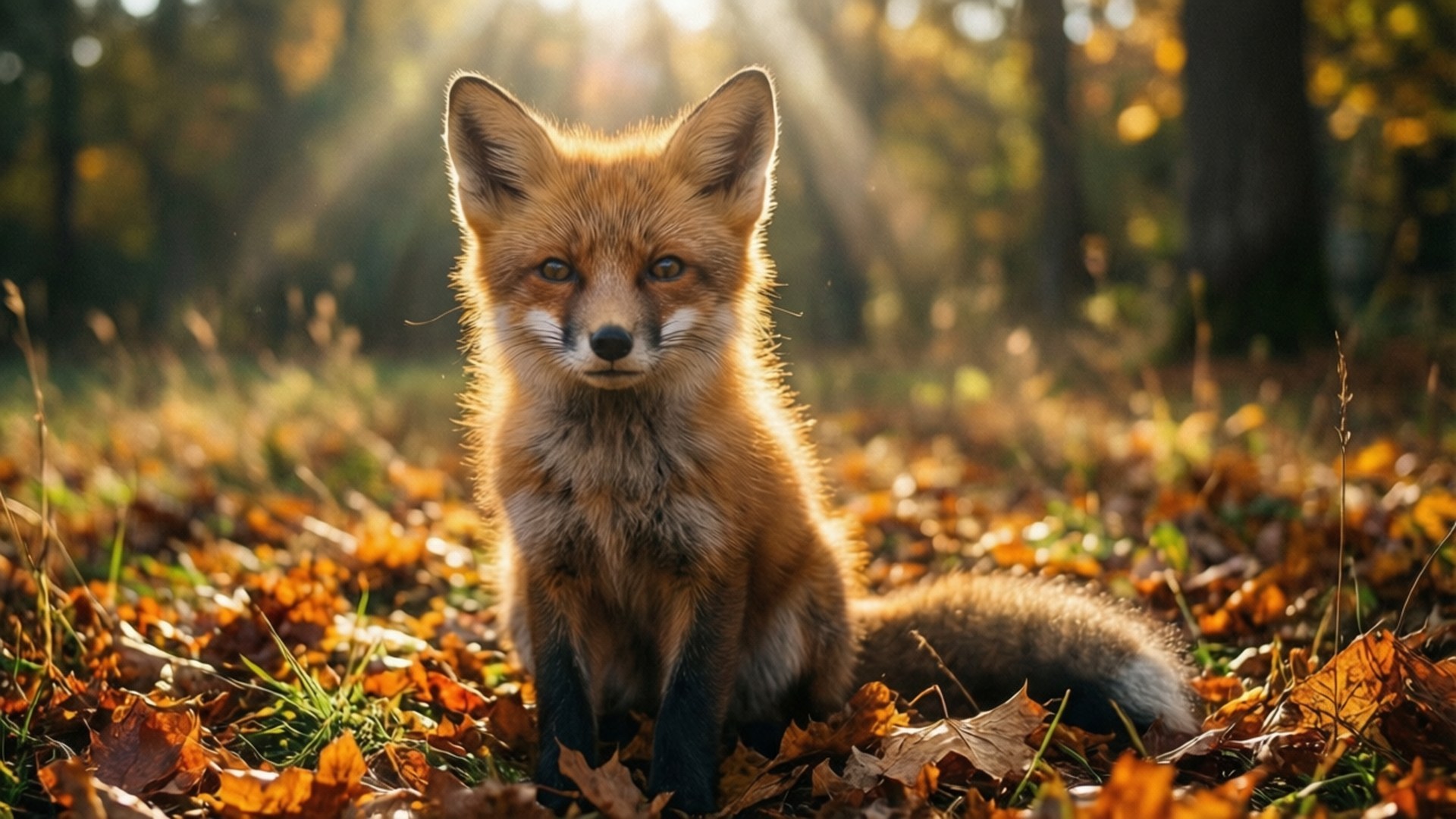 Autumn Fox Encounter 壁紙 — 一隻紅狐警覺地坐在陽光普照的秋日森林地面上，覆蓋著金色的樹葉。