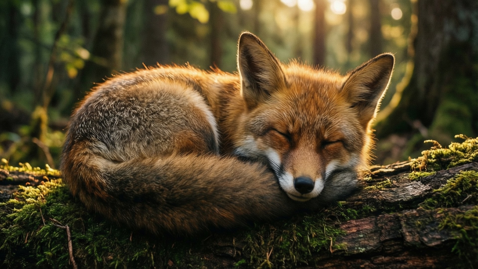 Sleeping Fox on Log 壁紙 — 一隻紅狐在長滿苔蘚的木頭上蜷縮睡覺，陽光透過樹木灑下柔和的金色光線。