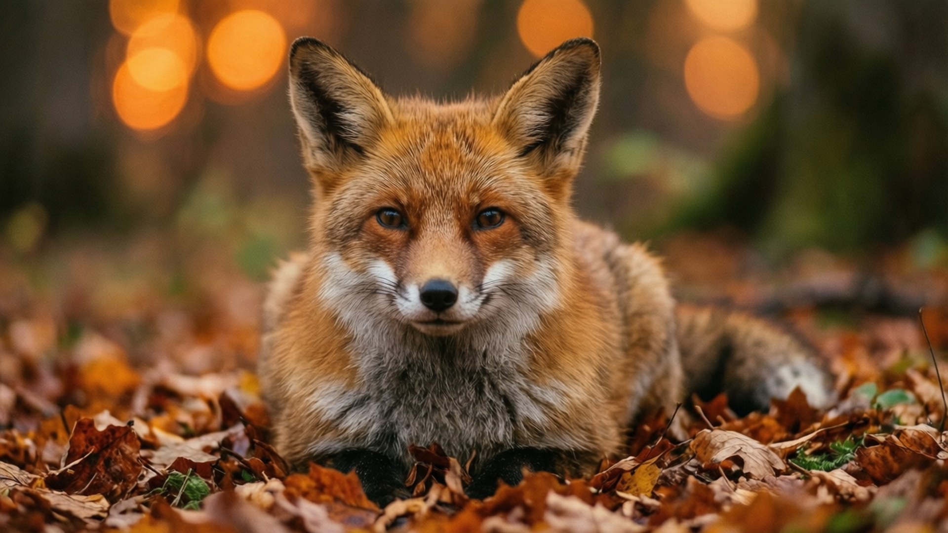 Red Fox in Leaves 壁紙 — 一隻紅狐在落下的秋葉中休息，背景中溫暖的散景燈光柔和地發光。