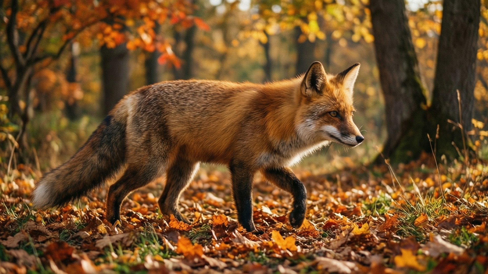 Autumn Fox 壁紙 — 一隻紅狐走過陽光普照的森林地面，覆蓋著金色的秋葉。