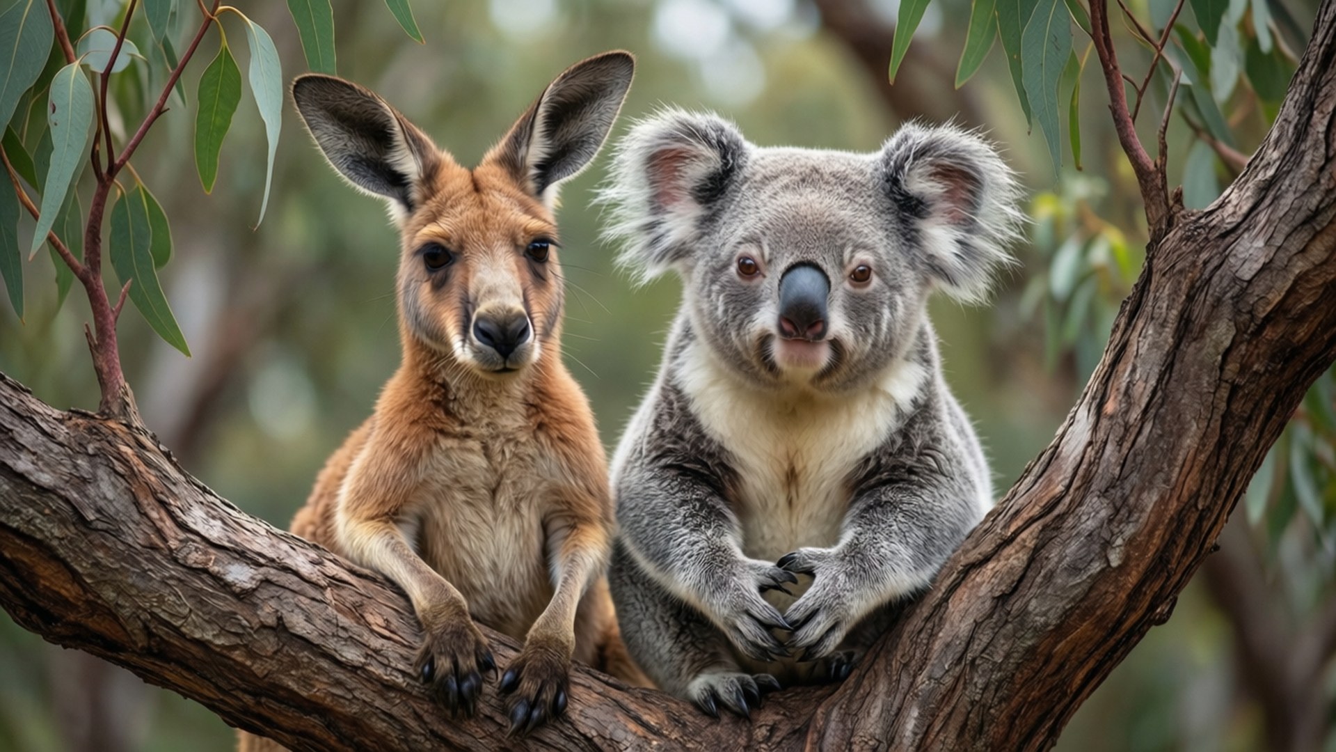 Kangaroo and Koala Friends 壁紙 — 一隻紅色袋鼠和一隻灰色無尾熊並排坐在被綠色尤加利樹葉包圍的粗樹枝上。