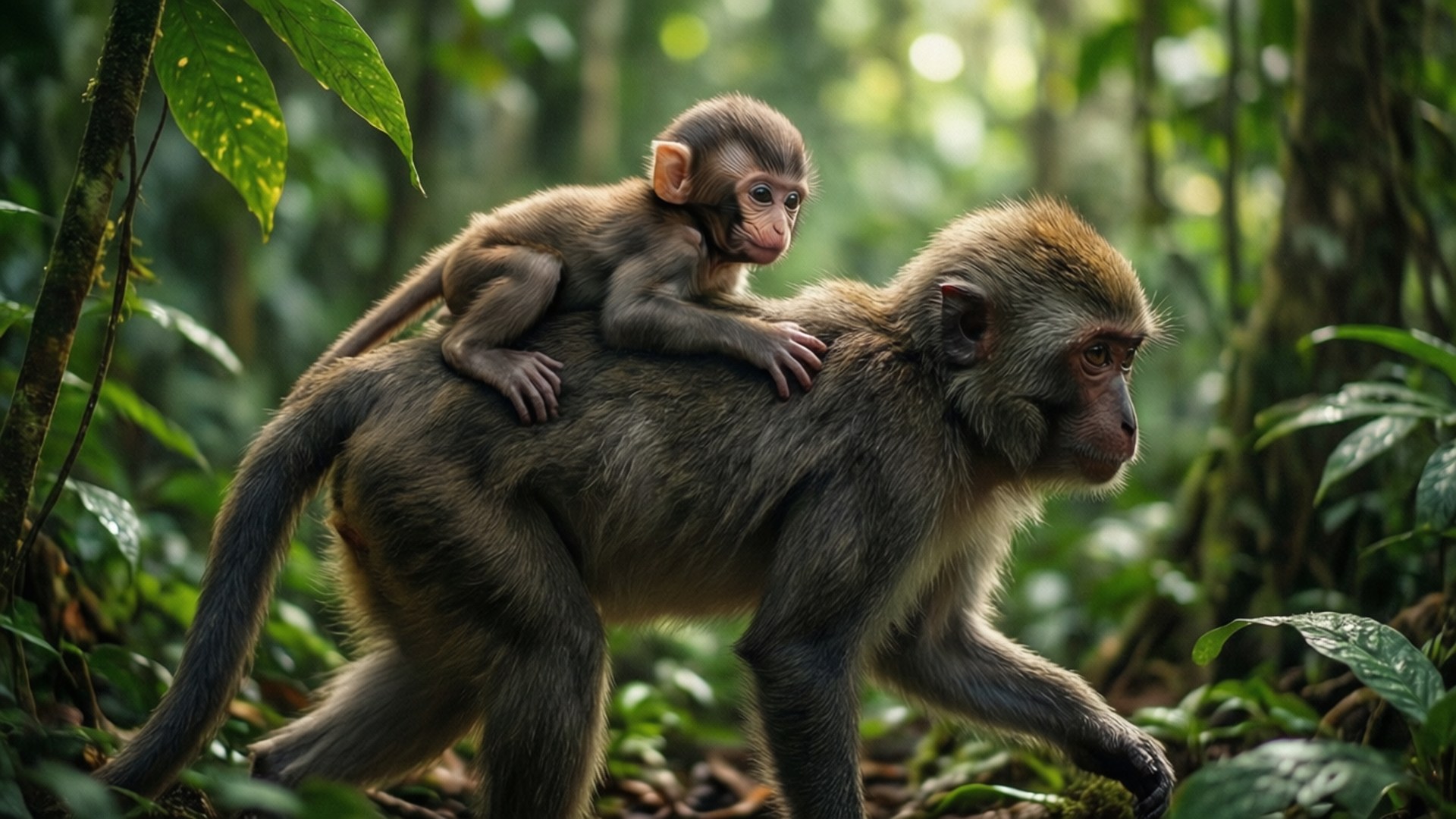 Monkey Mother and Baby 壁紙 — 一隻猴寶寶緊緊抓住媽媽的背，媽媽正穿過茂密的綠色叢林，斑駁的陽光透過樹冠灑落下來。
