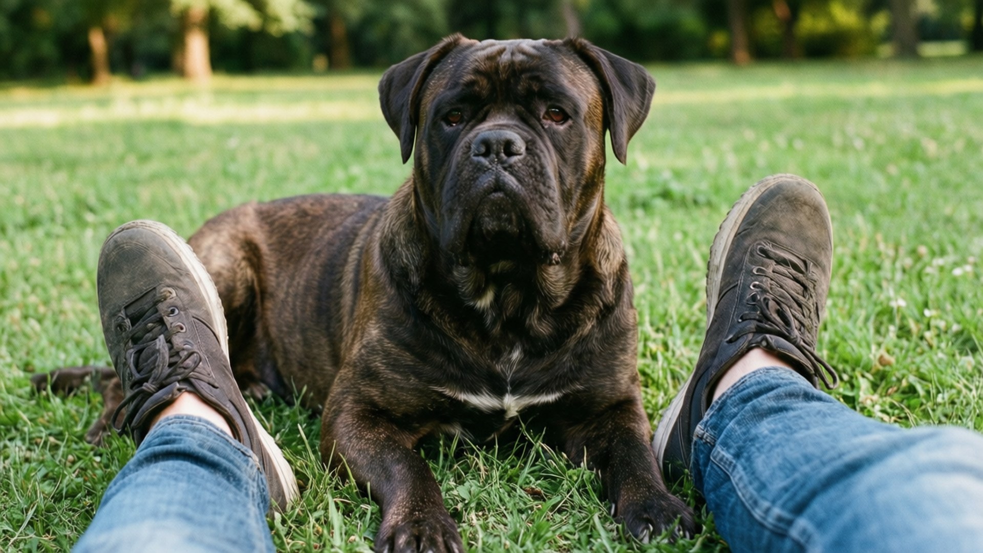 Loyal Companion Cane Corso 壁紙 — 一隻虎斑獒犬平靜地躺在綠色草地上，位於一個人穿著牛仔褲的雙腿和棕色運動鞋之間。