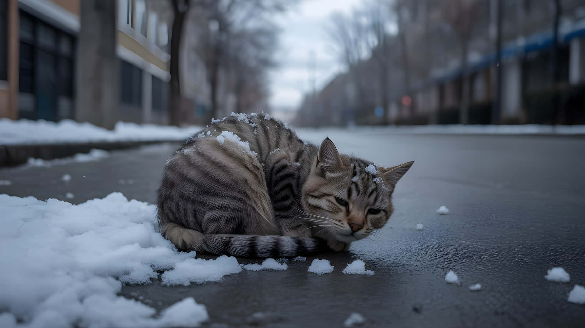 一隻虎斑貓蜷縮在積雪的人行道上，背上積雪 — 可愛風格 壁紙