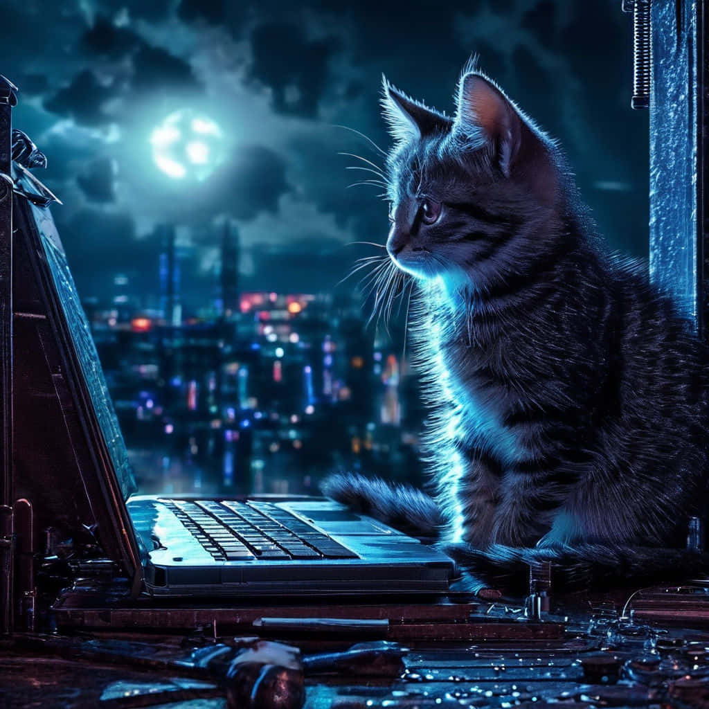  壁紙 — 一隻虎斑小貓坐在雜亂書桌上的筆記型電腦旁，凝視著月光下霓虹閃爍的城市景觀。