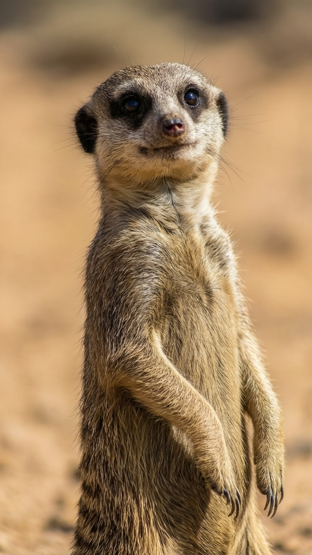 Meerkat on Guard 壁紙 — 一隻狐獴在沙地上直立，警覺的眼睛和豎起的耳朵面向鏡頭。