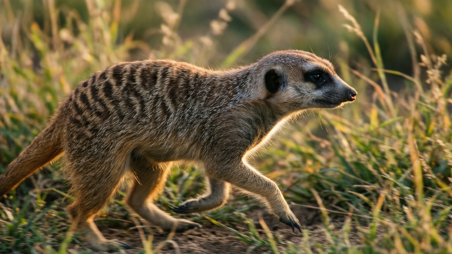 meerkat 桌布 壁紙 — 一隻狐獴在陽光照耀的草地上，帶著專注的決心，在黃金時刻的稀樹草原場景中疾馳。