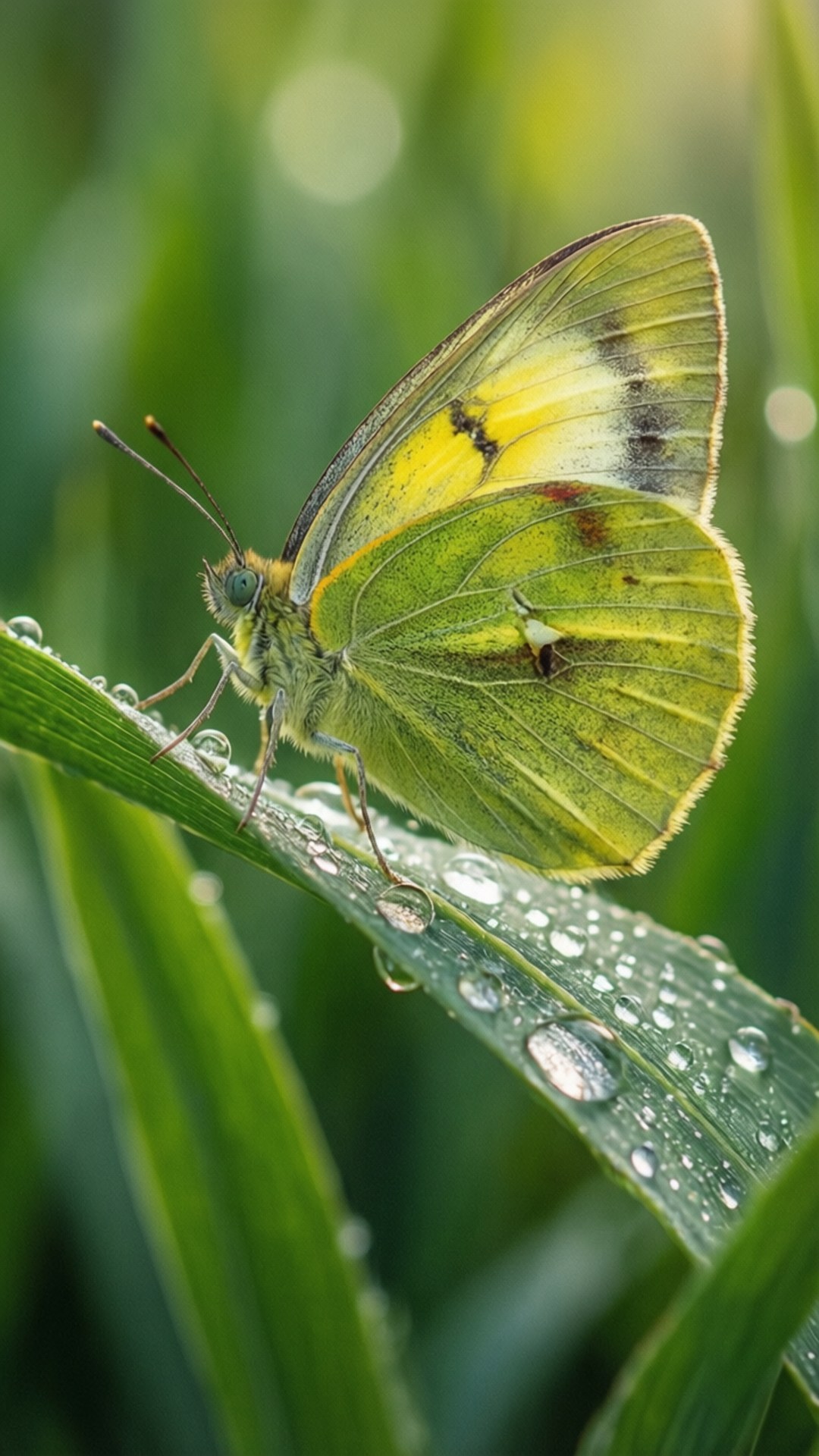 Dewy Spring Butterfly 壁紙 — 一隻黃色帶綠色翅膀的蝴蝶，在柔和陽光下，輕柔地停在一根沾滿露水的草葉上。