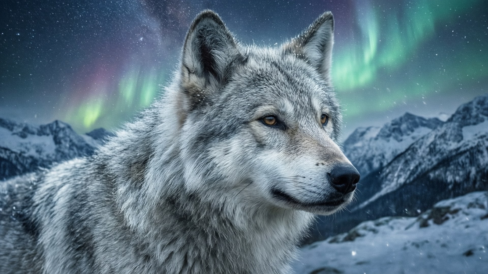 Snow Wolf Aurora 壁紙 — 一隻灰狼在充滿活力的綠色和紫色北極光下，對著白雪皚皚的山脈背景平靜地凝視。