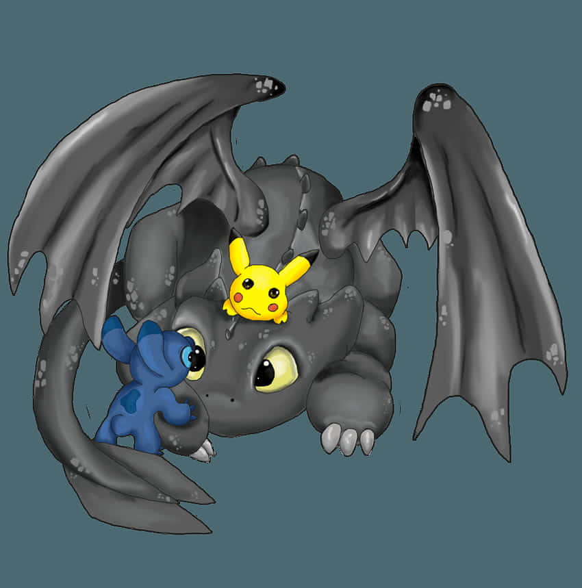 一隻灰色龍背著藍色史迪奇和黃色皮卡丘。 — Stitch 壁紙