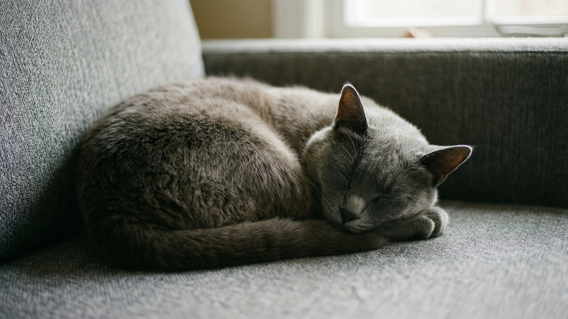 Grey Cat on Grey Sofa 壁紙 — 一隻灰色貓咪在質感灰色沙發上蜷縮入睡，旁邊窗戶透入柔和自然光。