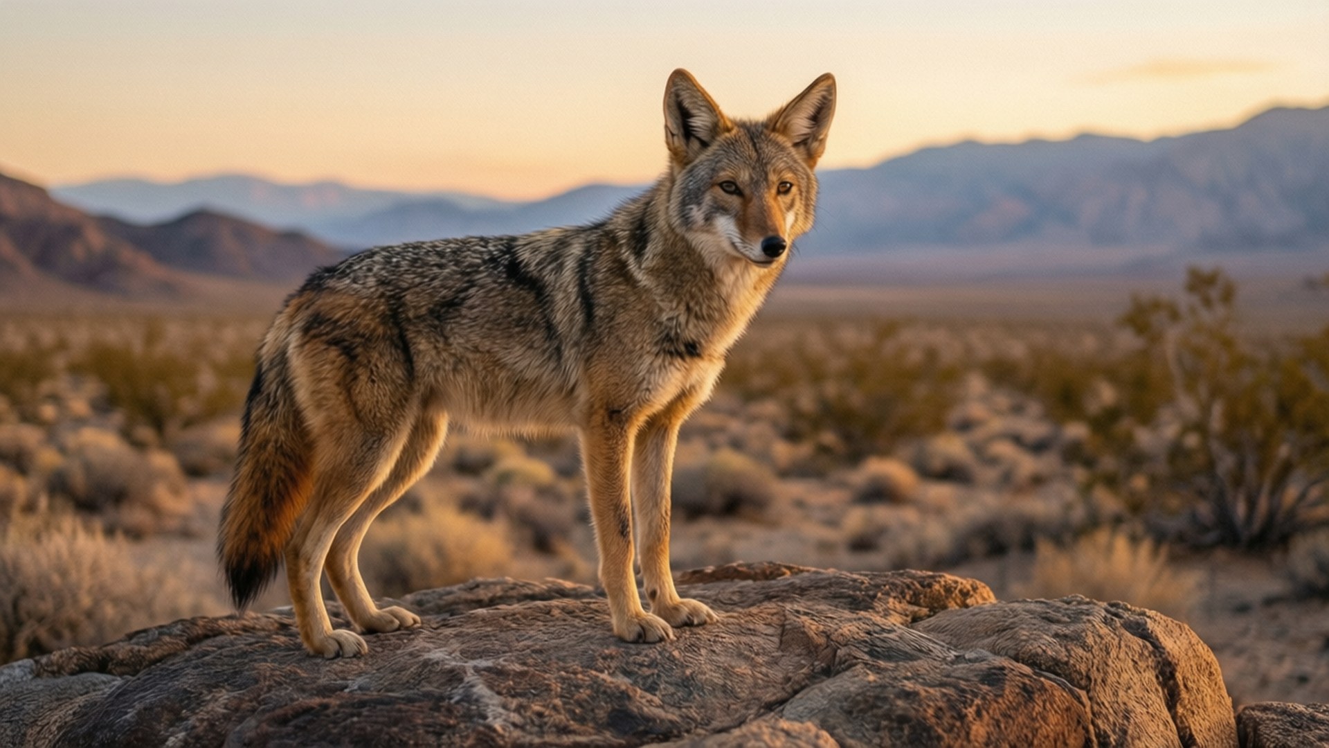 Coyote at Dawn 壁紙 — 一隻郊狼在廣闊的沙漠景觀中，在黃金時段陽光普照的岩石上警覺地站立，遠方有山脈。