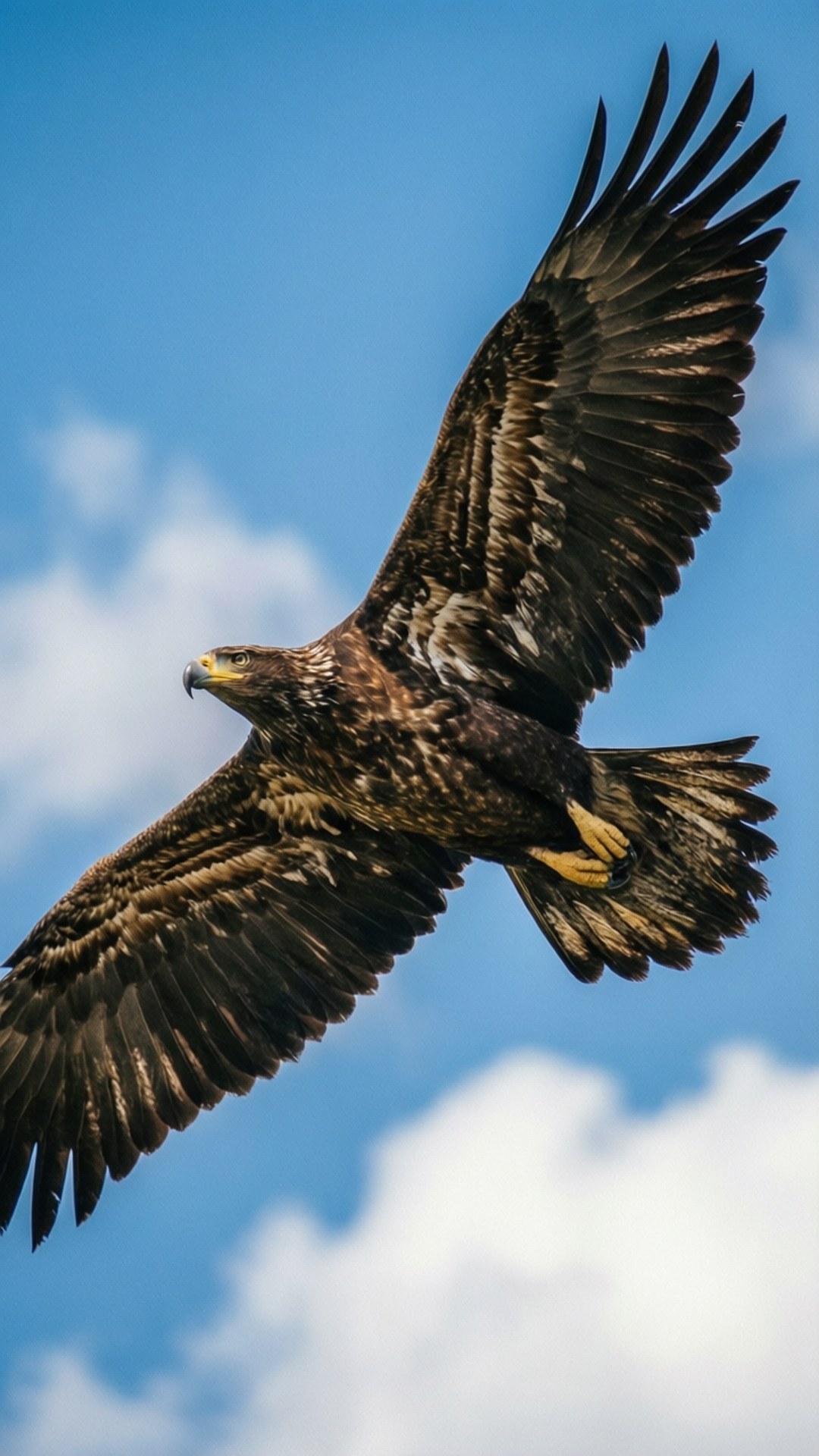 Soaring Eagle Sky 壁紙 — 一隻金雕展翅翱翔，背景是明亮的藍天，點綴著蓬鬆的白雲。